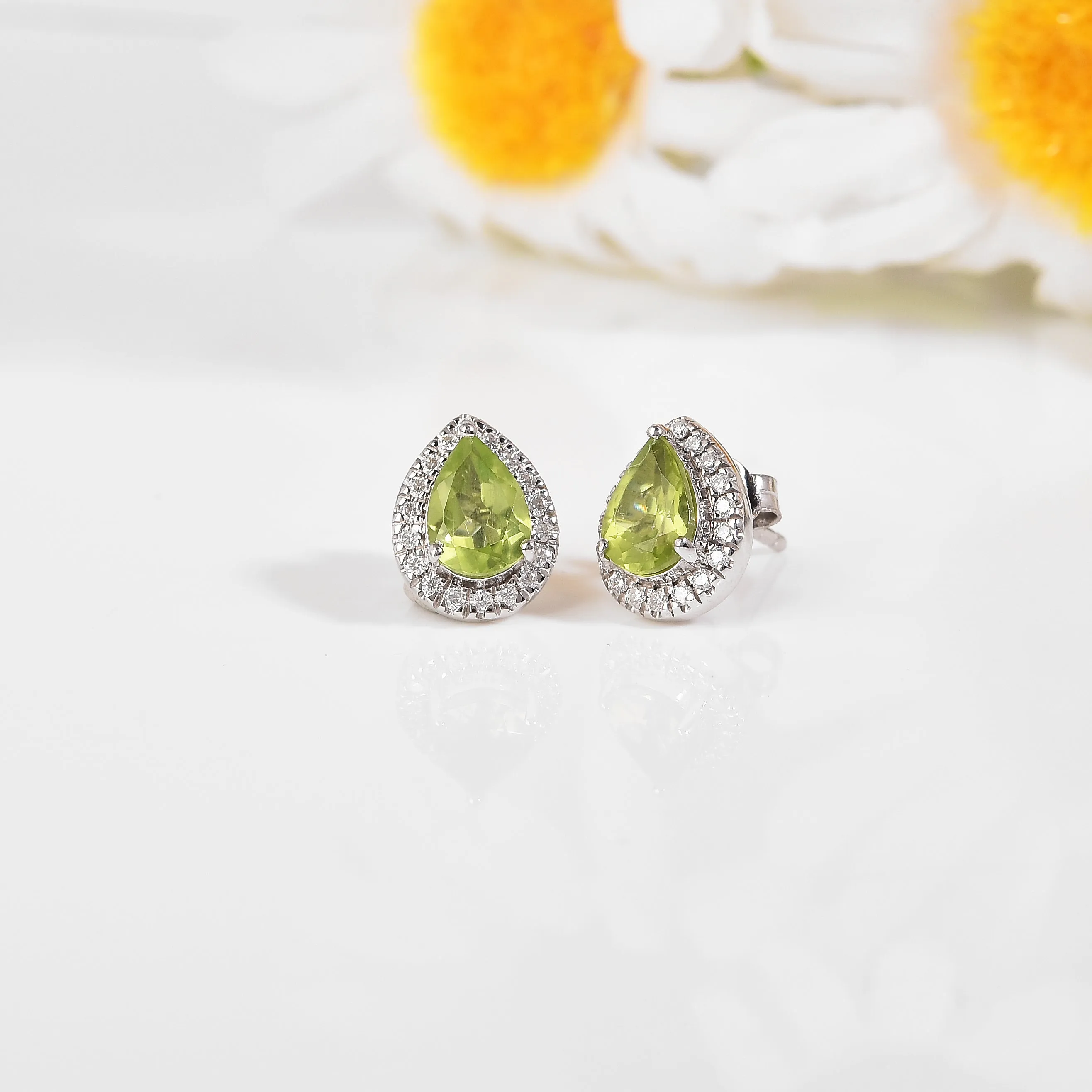 Natural Peridot Pear Shaped Halo Studs Earrings