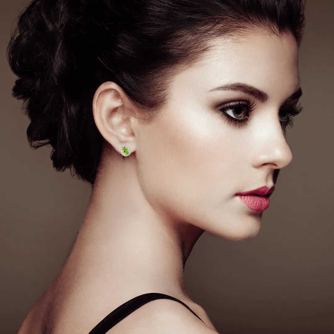 Natural Peridot Pear Shaped Halo Studs Earrings