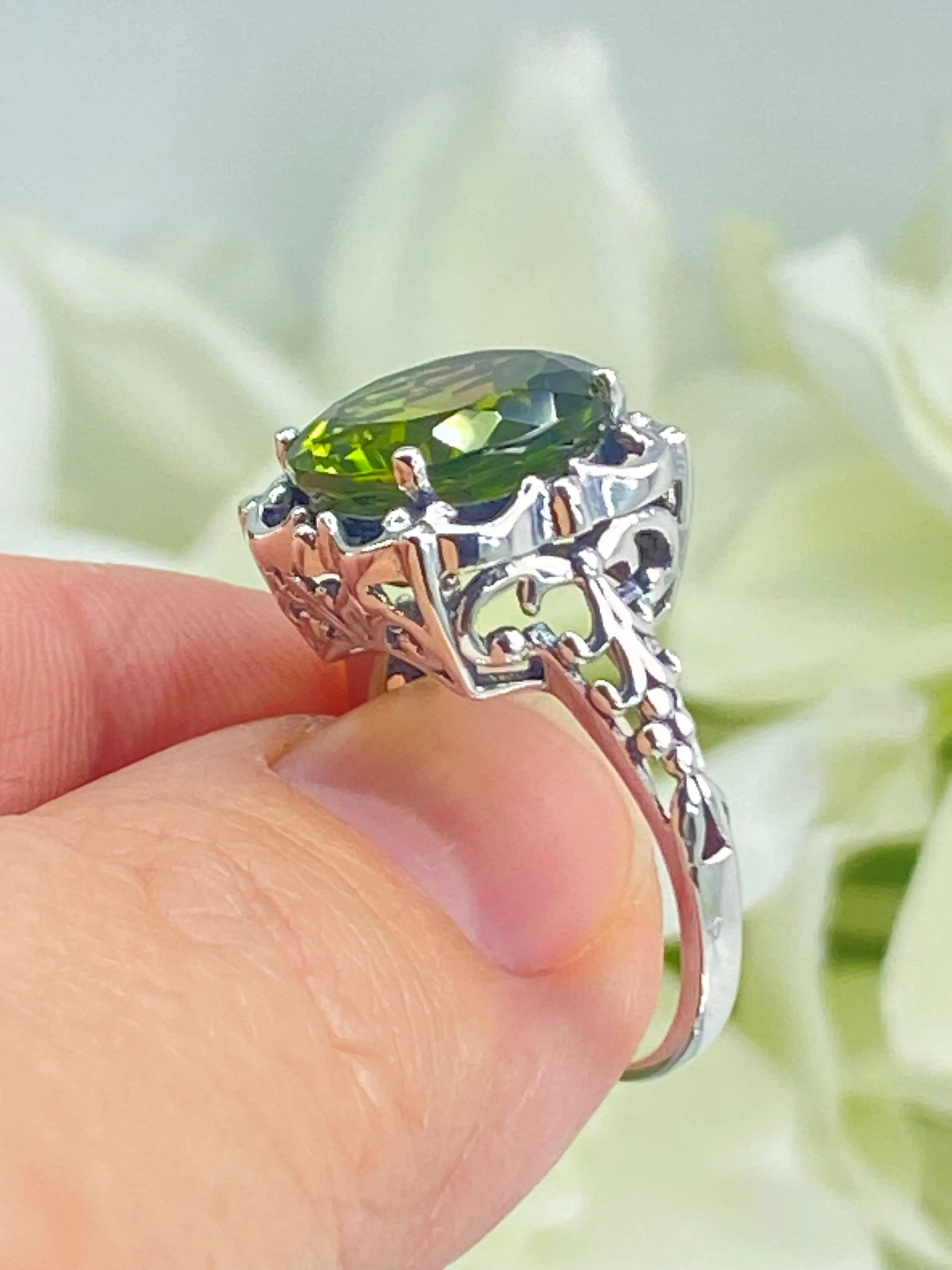Natural Peridot Ring, Earth mined Gemstone, 10k, 14k White Gold or Silver Victorian Jewelry #D103