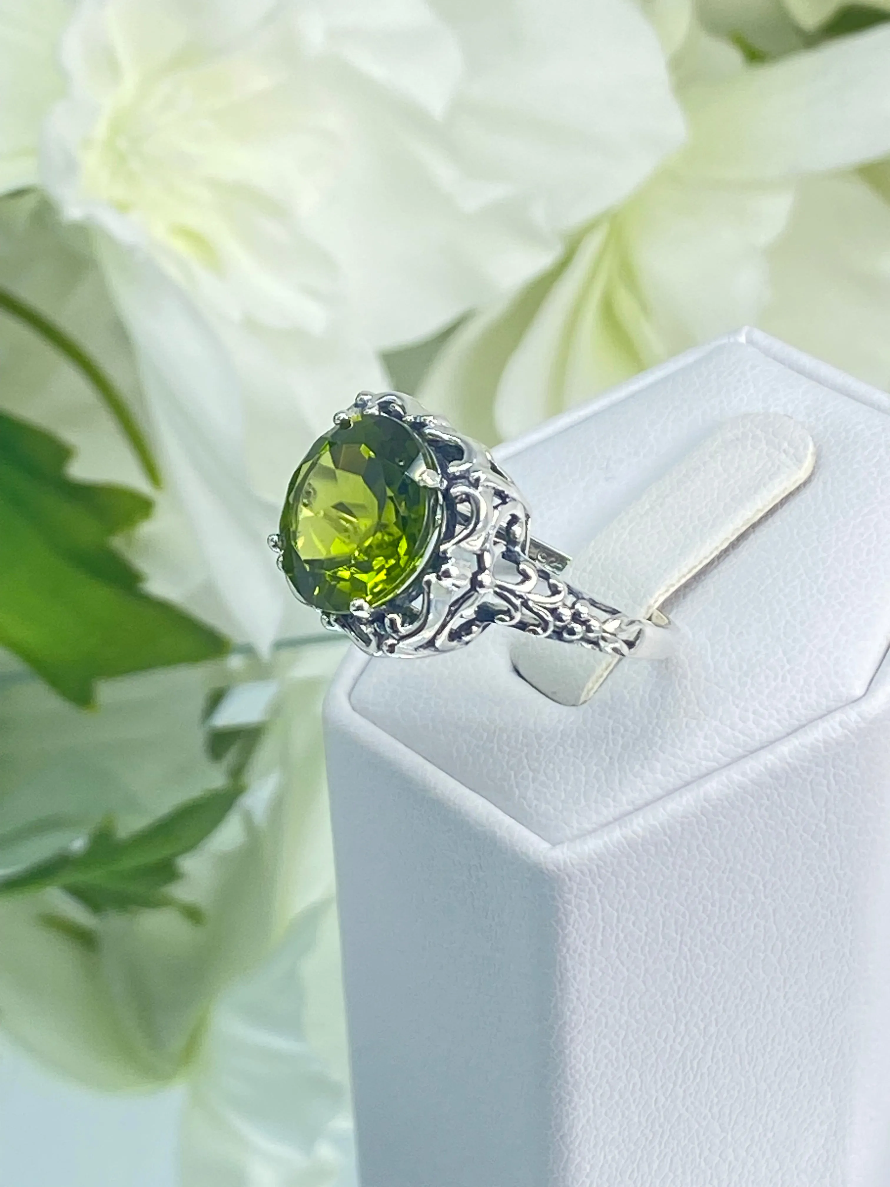 Natural Peridot Ring, Earth mined Gemstone, 10k, 14k White Gold or Silver Victorian Jewelry #D103