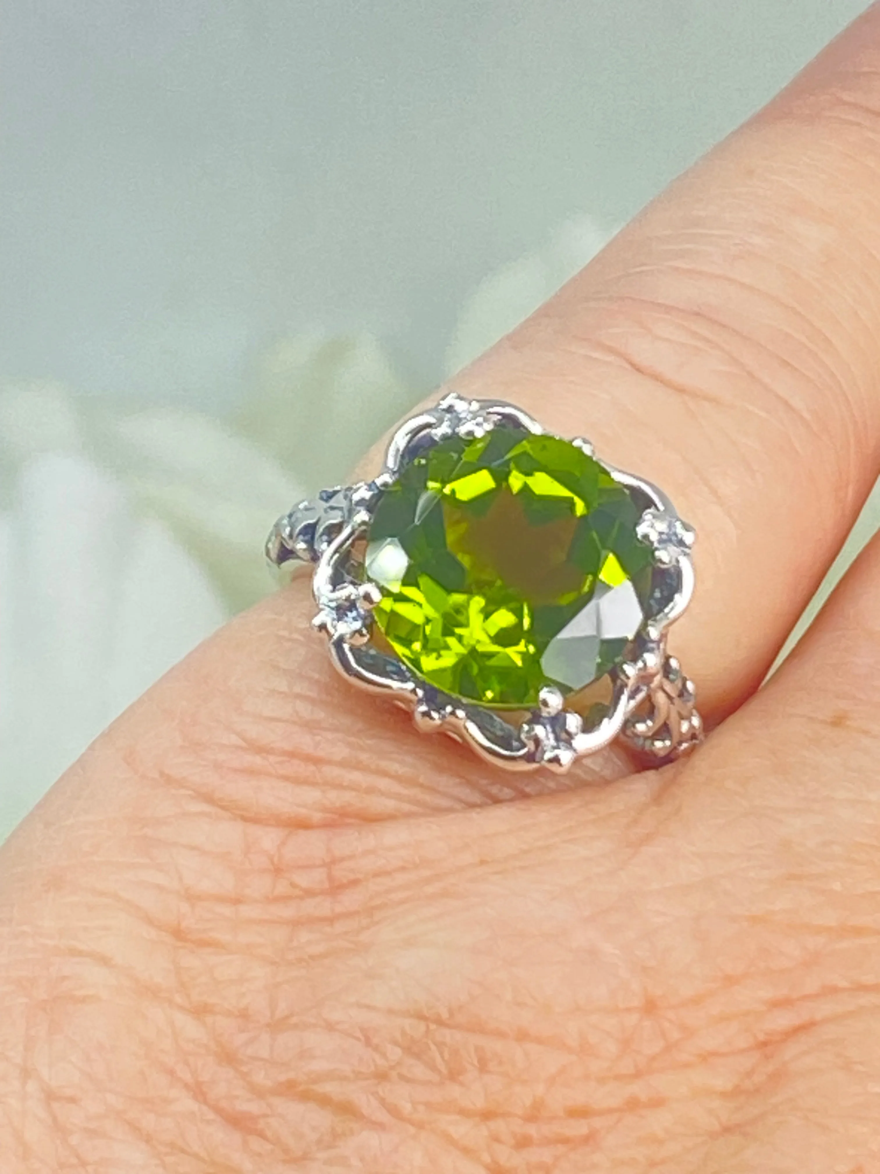 Natural Peridot Ring, Earth mined Gemstone, 10k, 14k White Gold or Silver Victorian Jewelry #D103