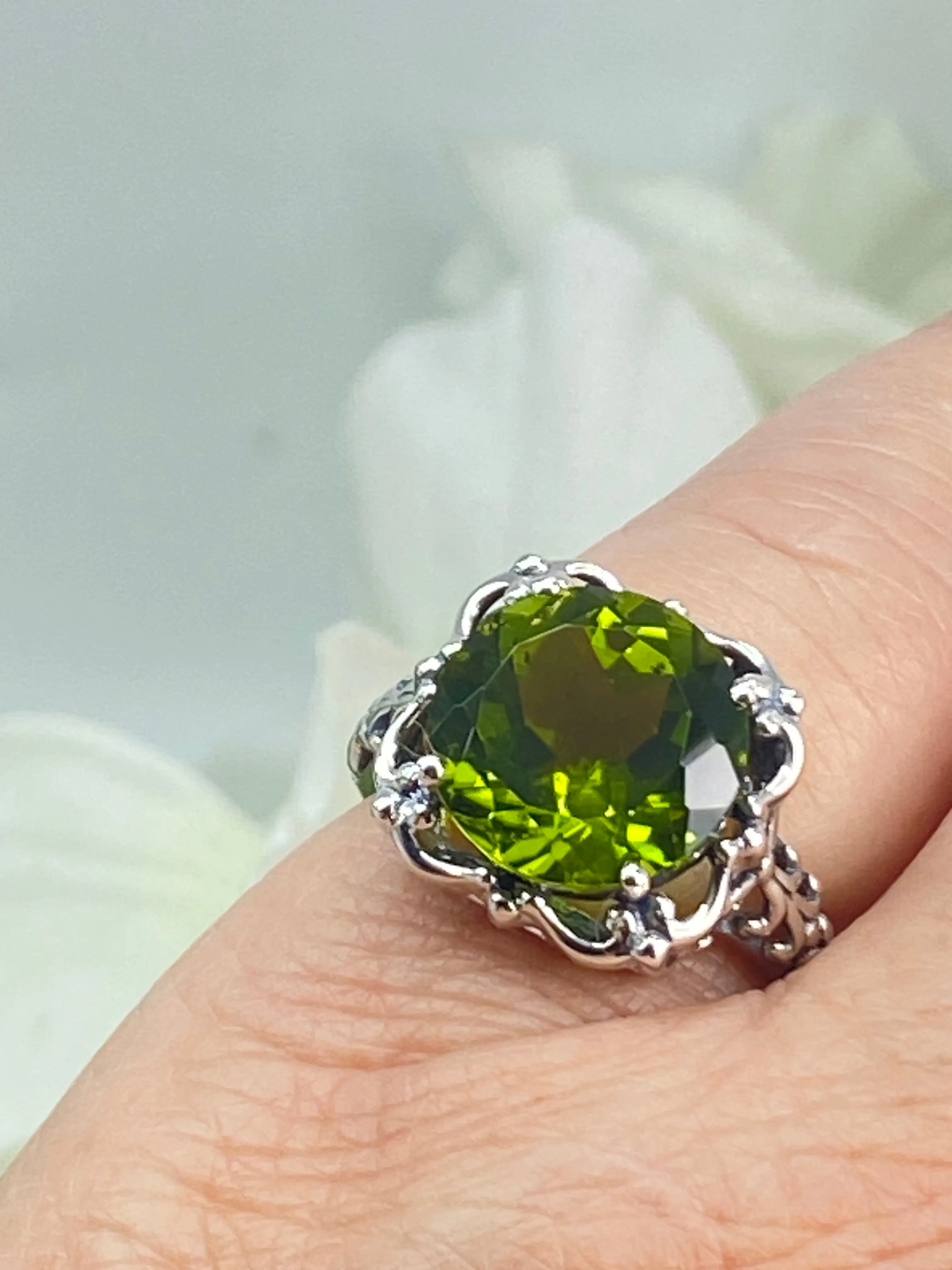 Natural Peridot Ring, Earth mined Gemstone, 10k, 14k White Gold or Silver Victorian Jewelry #D103