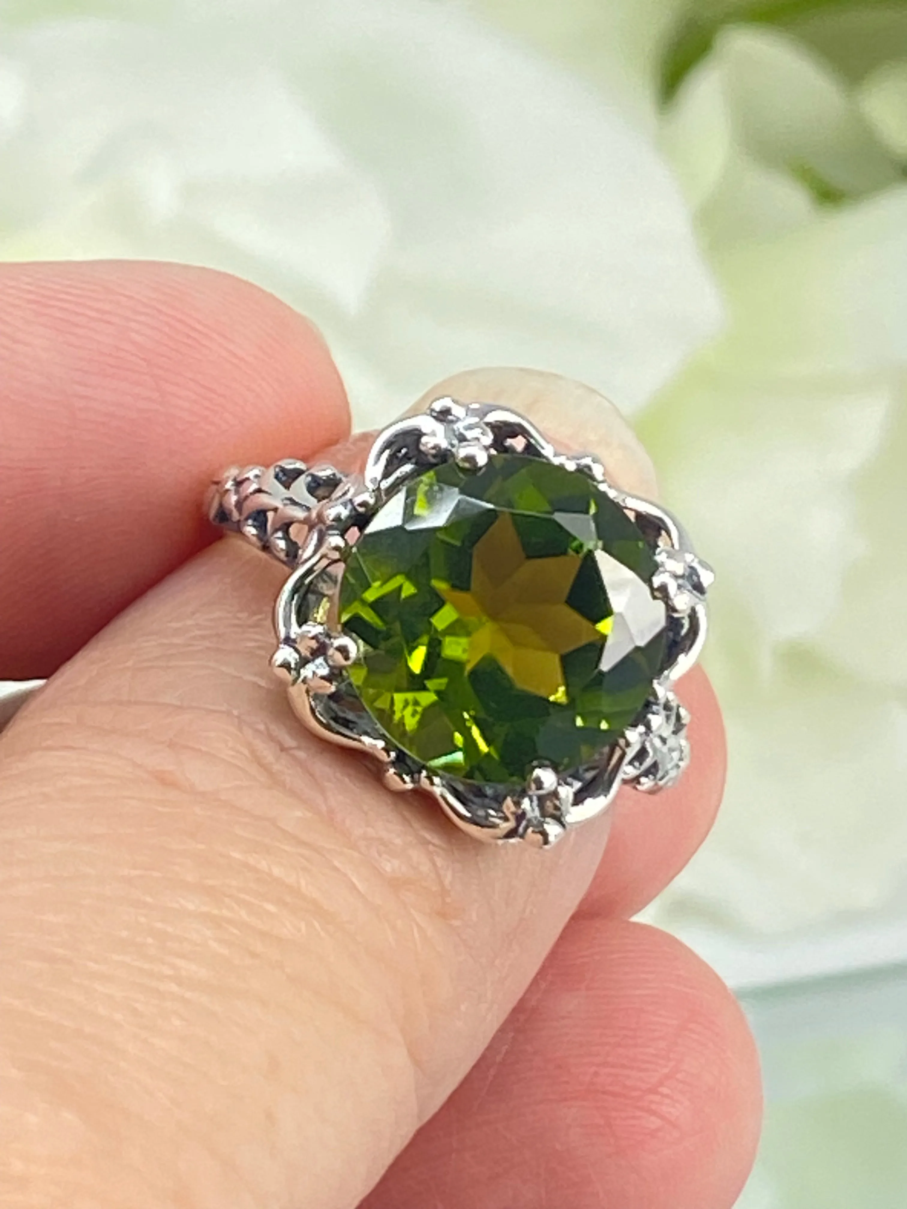Natural Peridot Ring, Earth mined Gemstone, 10k, 14k White Gold or Silver Victorian Jewelry #D103