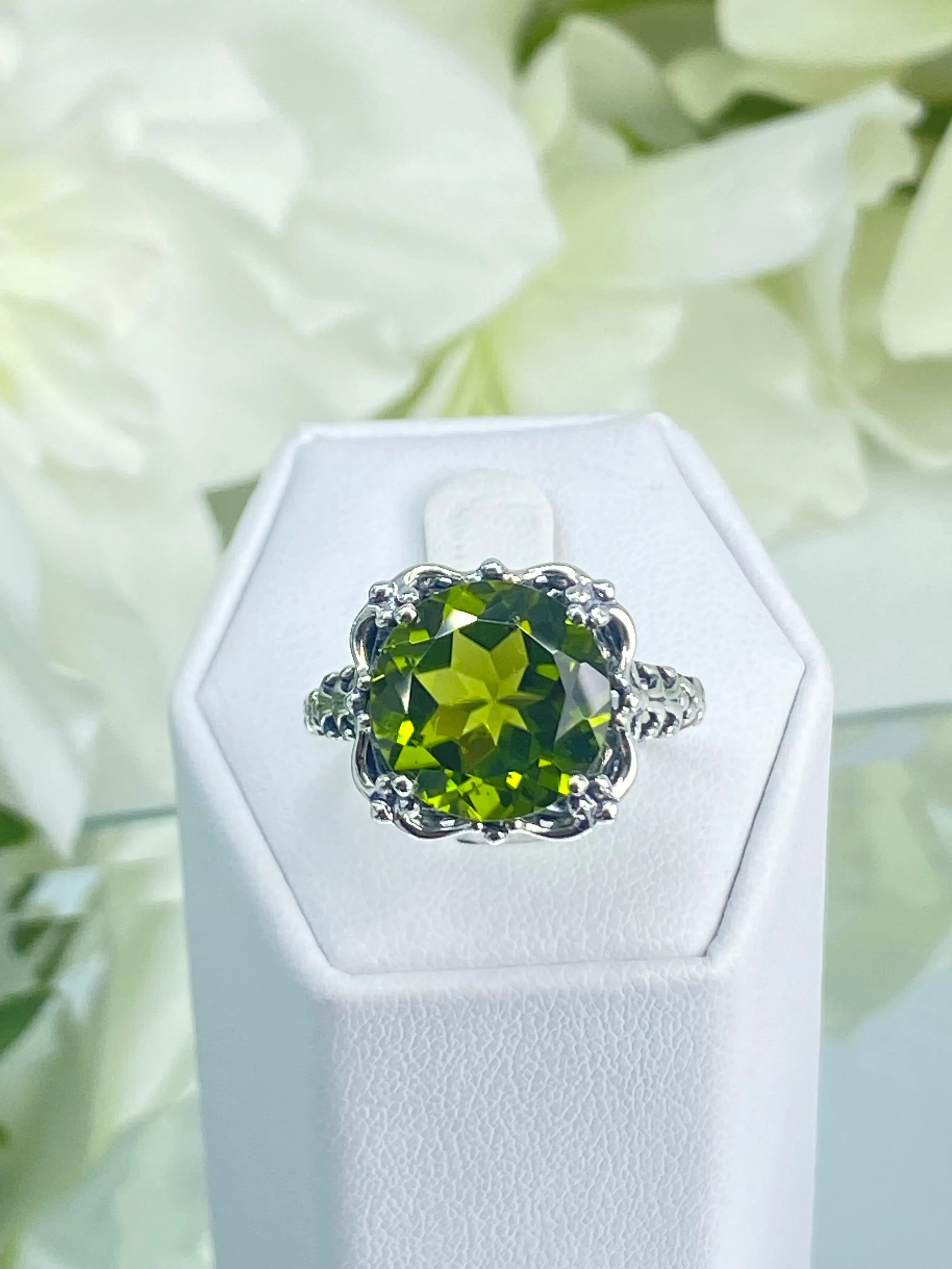 Natural Peridot Ring, Earth mined Gemstone, 10k, 14k White Gold or Silver Victorian Jewelry #D103