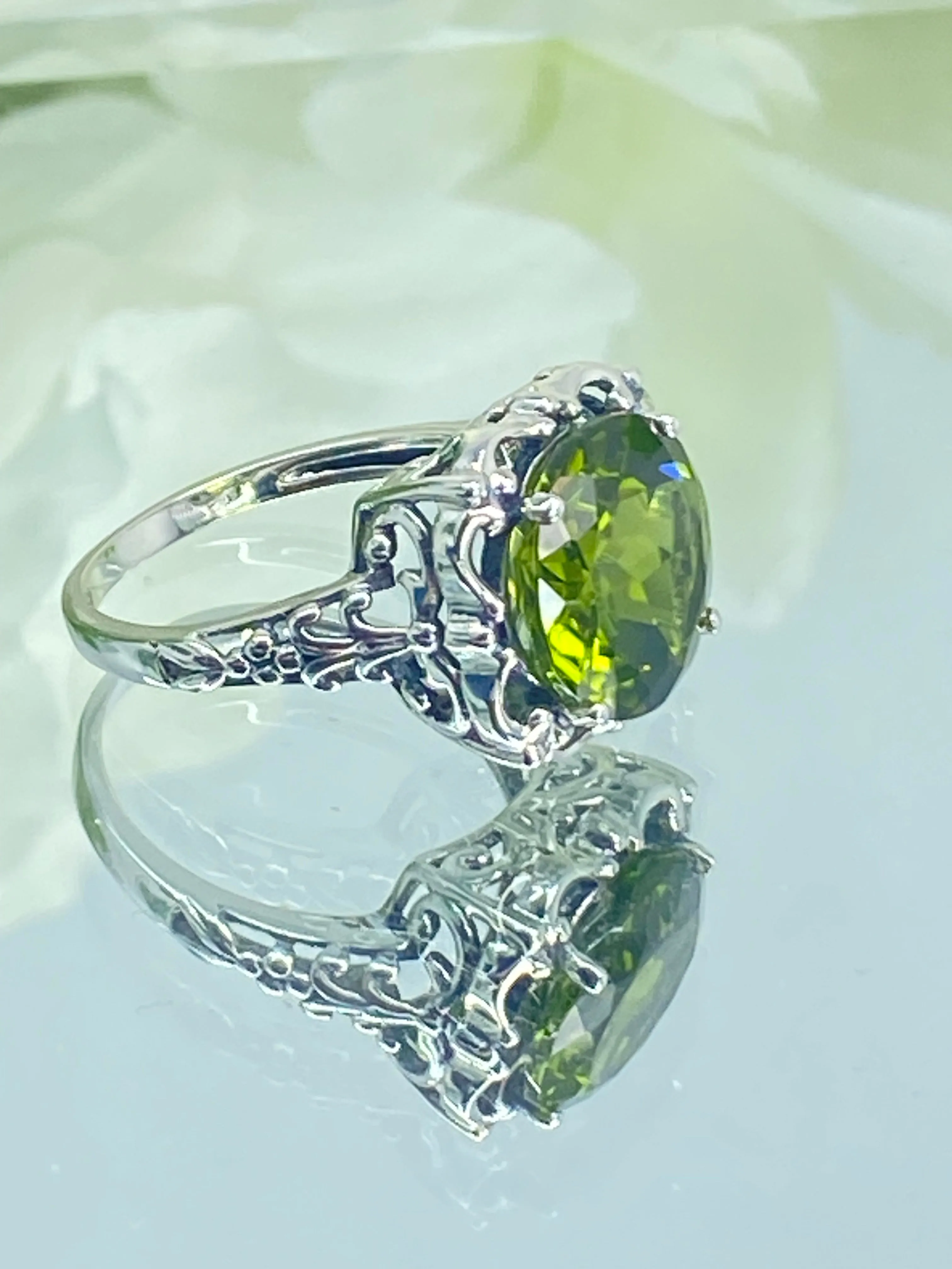 Natural Peridot Ring, Earth mined Gemstone, 10k, 14k White Gold or Silver Victorian Jewelry #D103