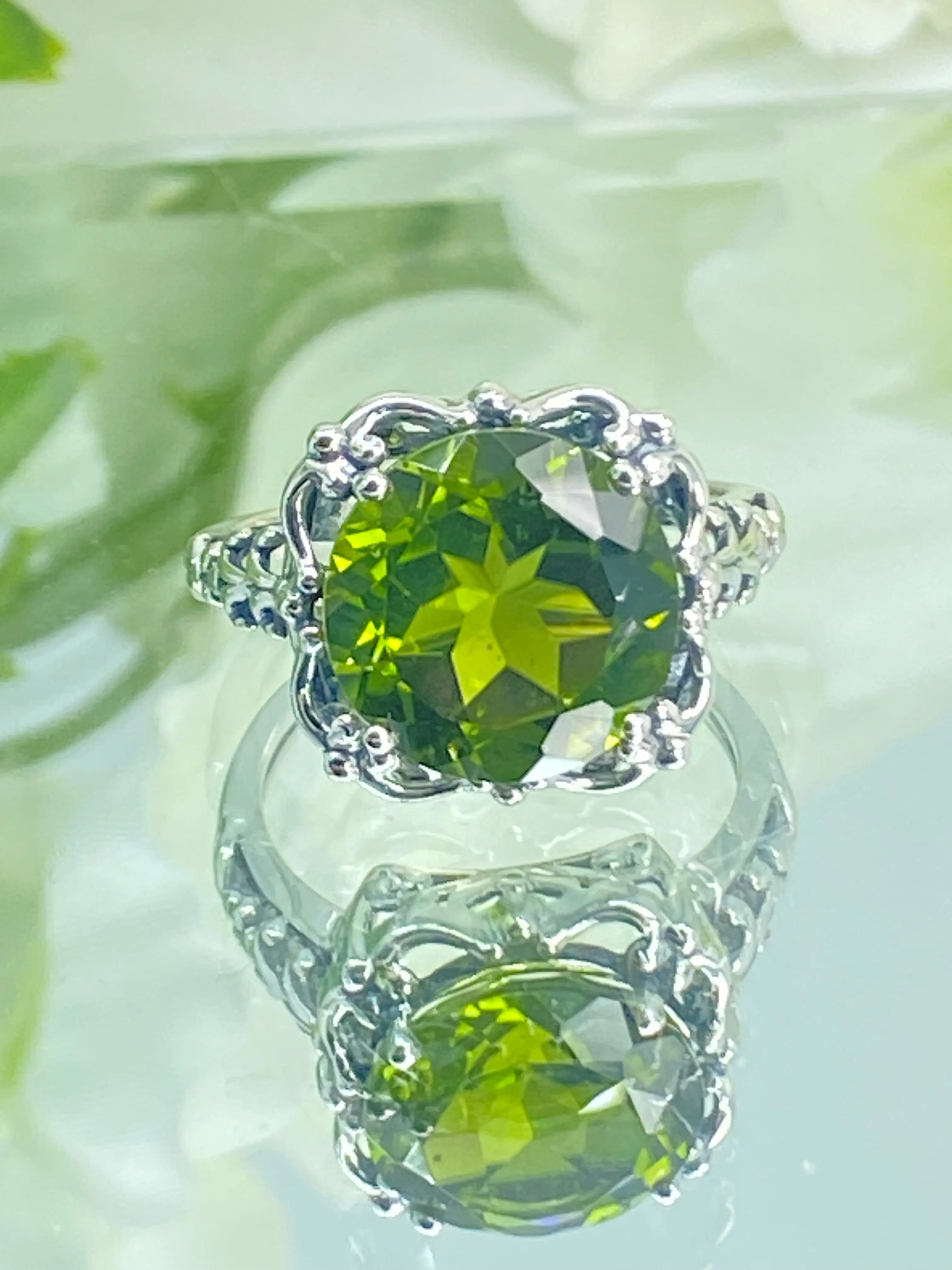 Natural Peridot Ring, Earth mined Gemstone, 10k, 14k White Gold or Silver Victorian Jewelry #D103