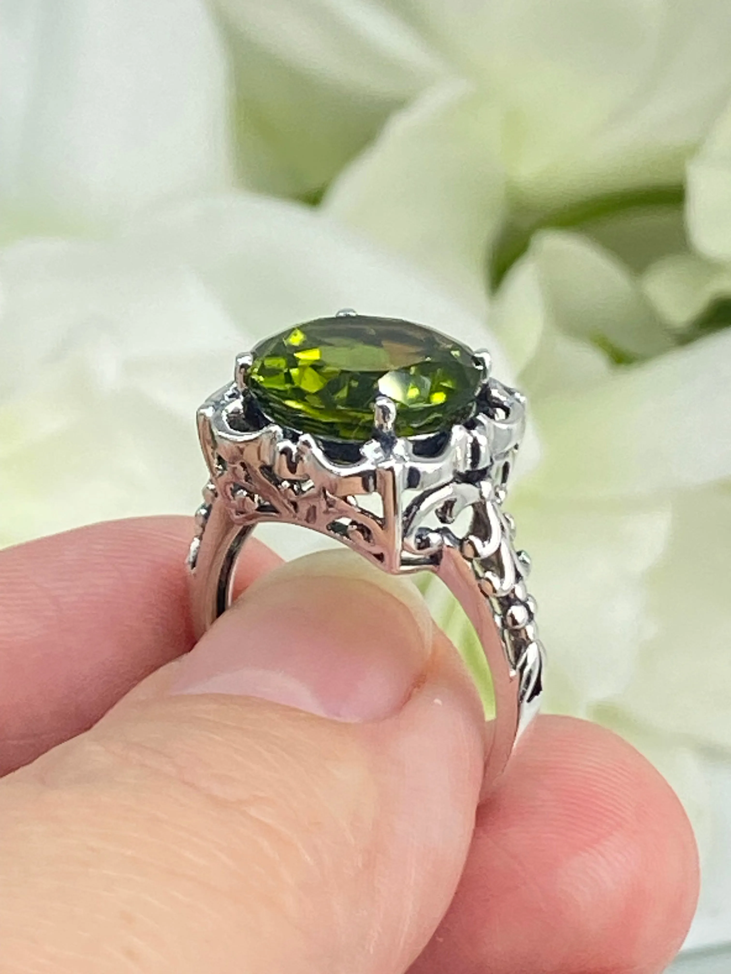 Natural Peridot Ring, Earth mined Gemstone, 10k, 14k White Gold or Silver Victorian Jewelry #D103