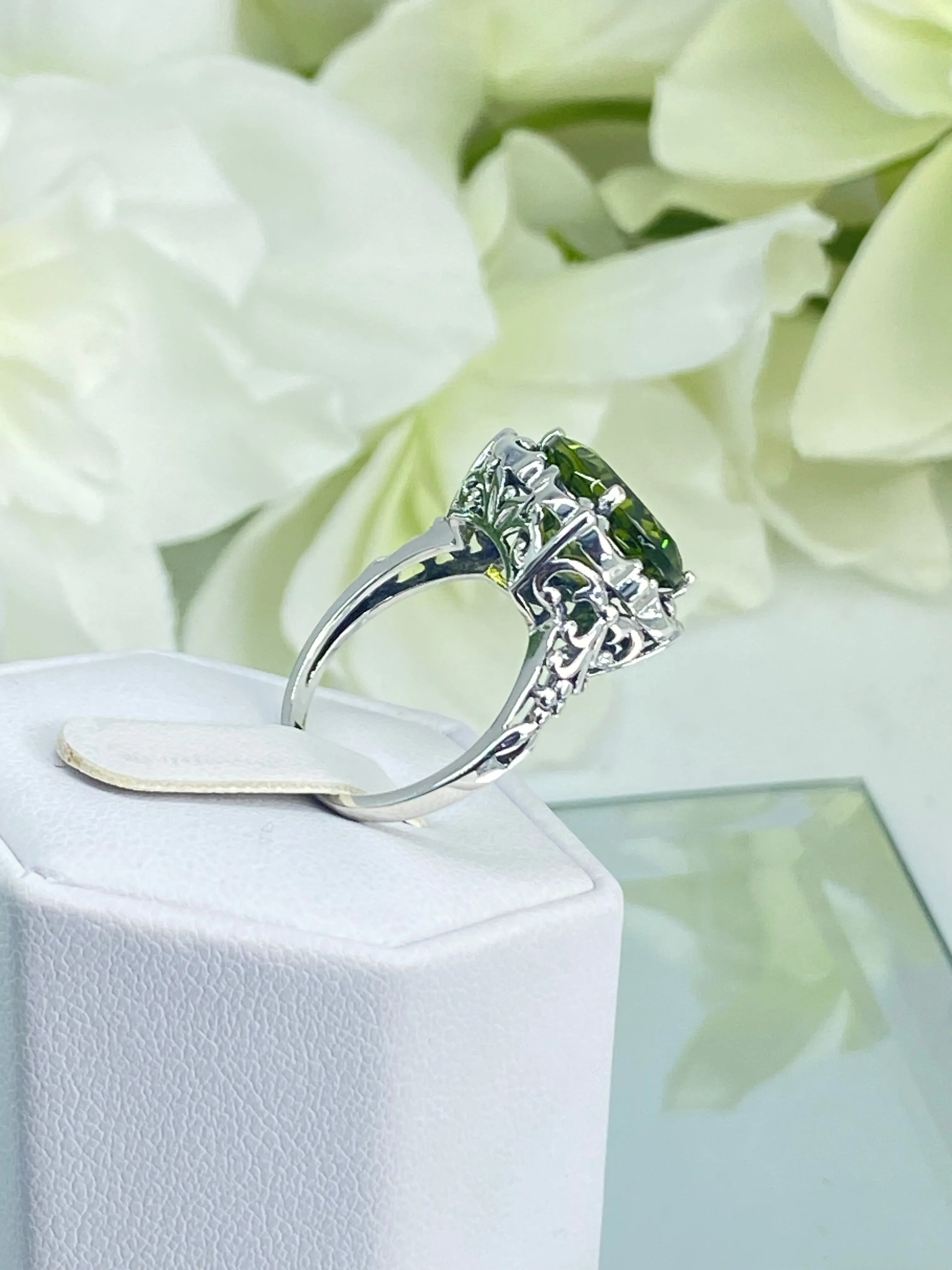 Natural Peridot Ring, Earth mined Gemstone, 10k, 14k White Gold or Silver Victorian Jewelry #D103