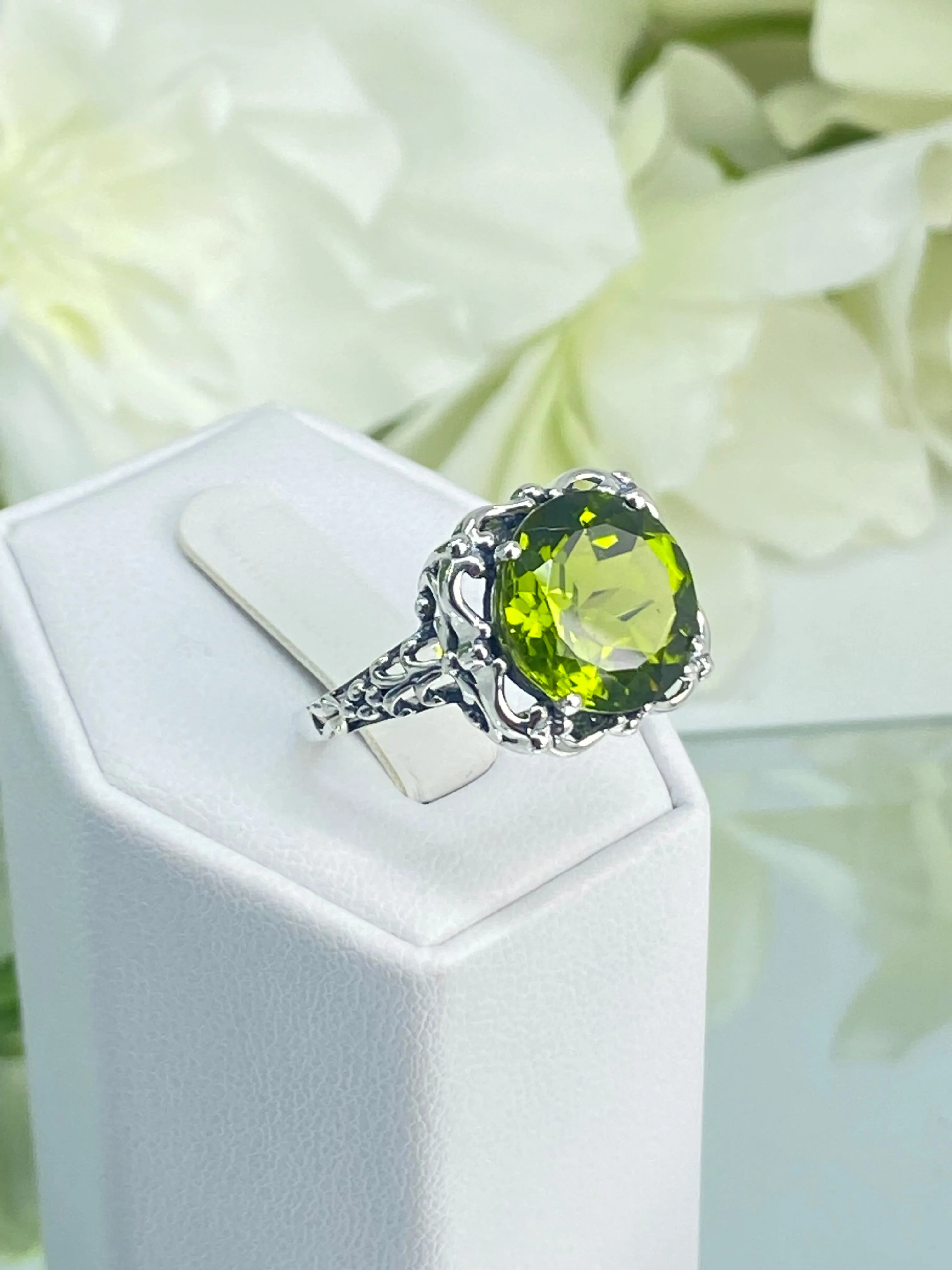 Natural Peridot Ring, Earth mined Gemstone, 10k, 14k White Gold or Silver Victorian Jewelry #D103