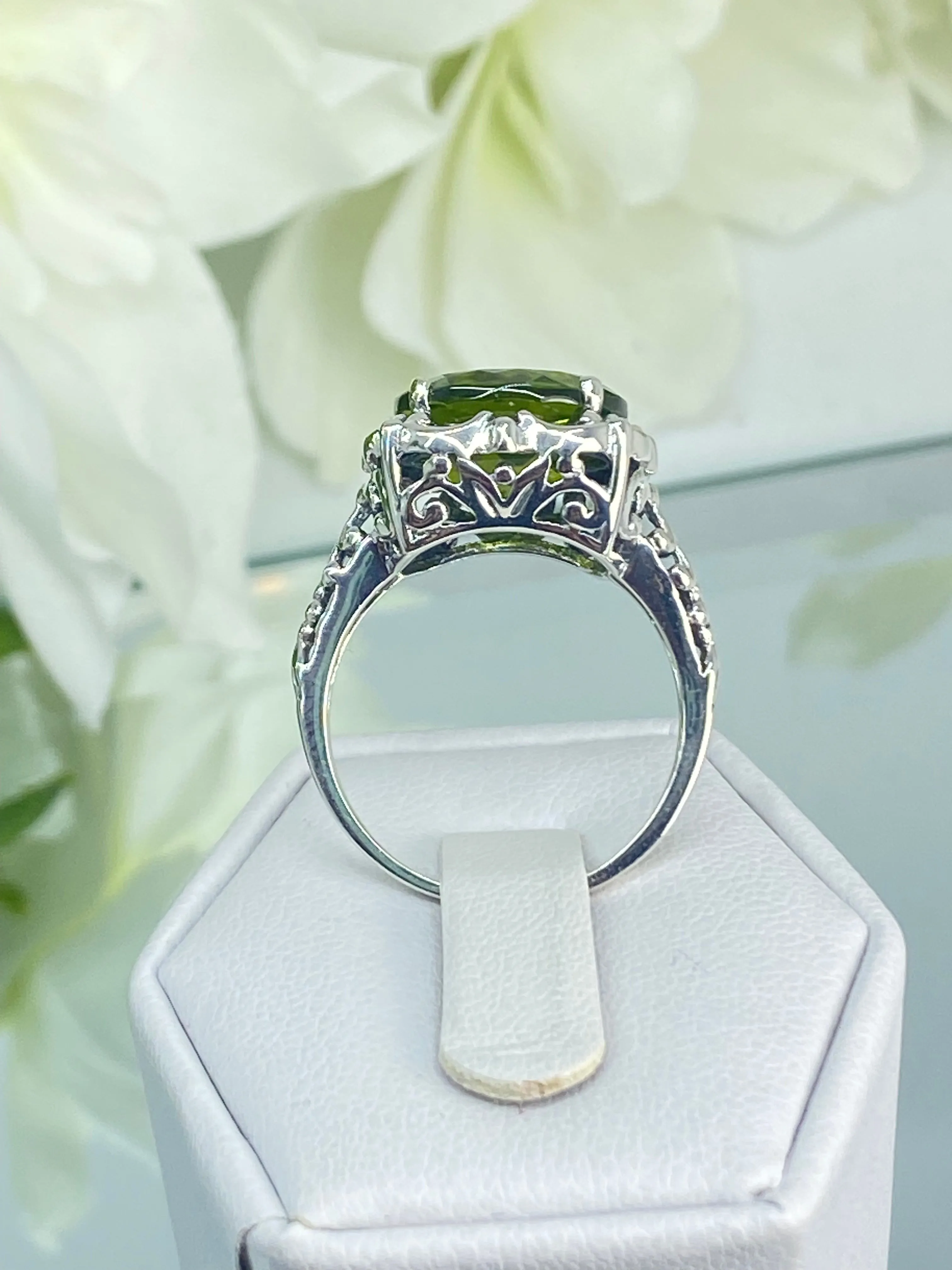 Natural Peridot Ring, Earth mined Gemstone, 10k, 14k White Gold or Silver Victorian Jewelry #D103