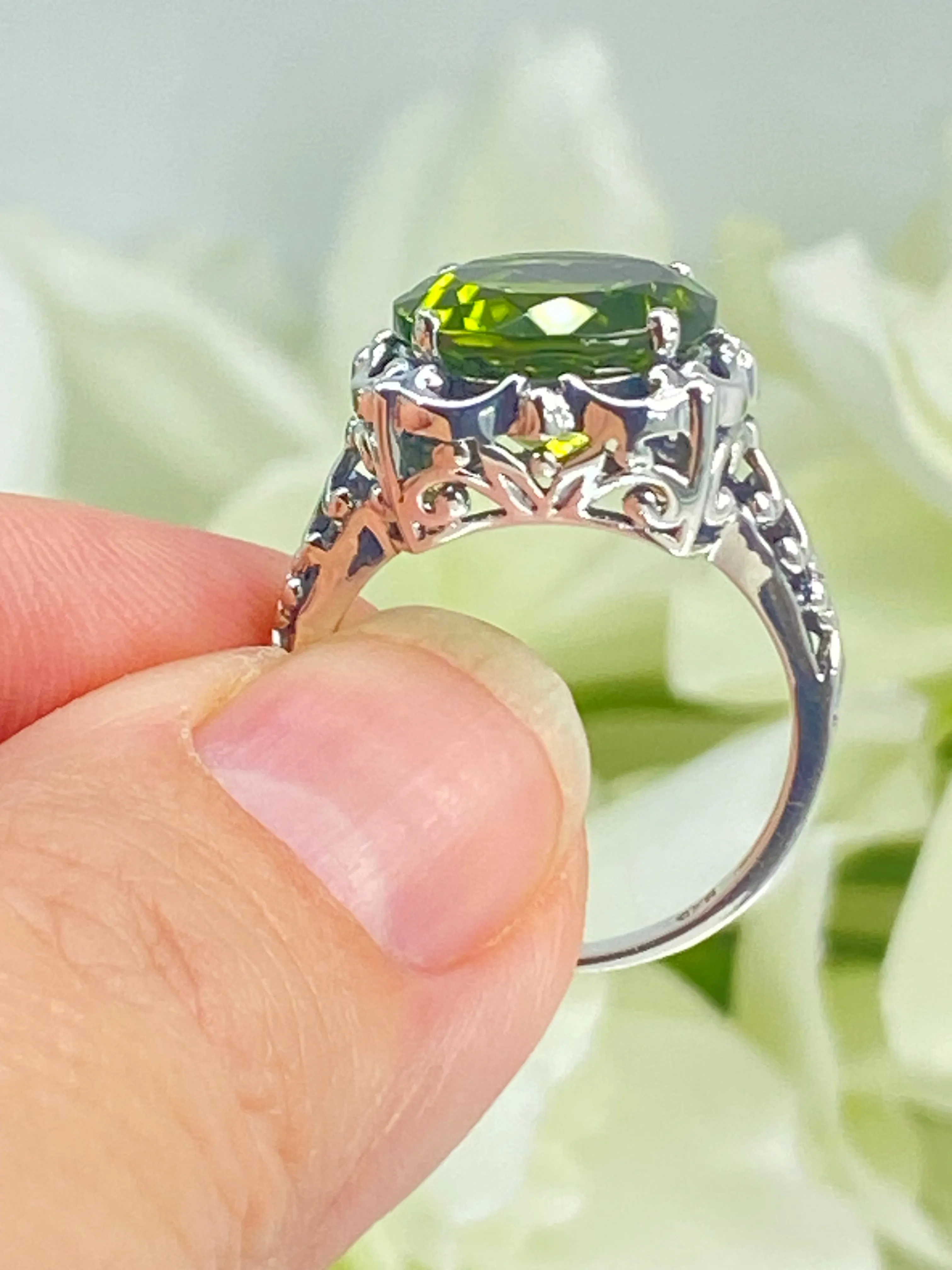 Natural Peridot Ring, Earth mined Gemstone, 10k, 14k White Gold or Silver Victorian Jewelry #D103