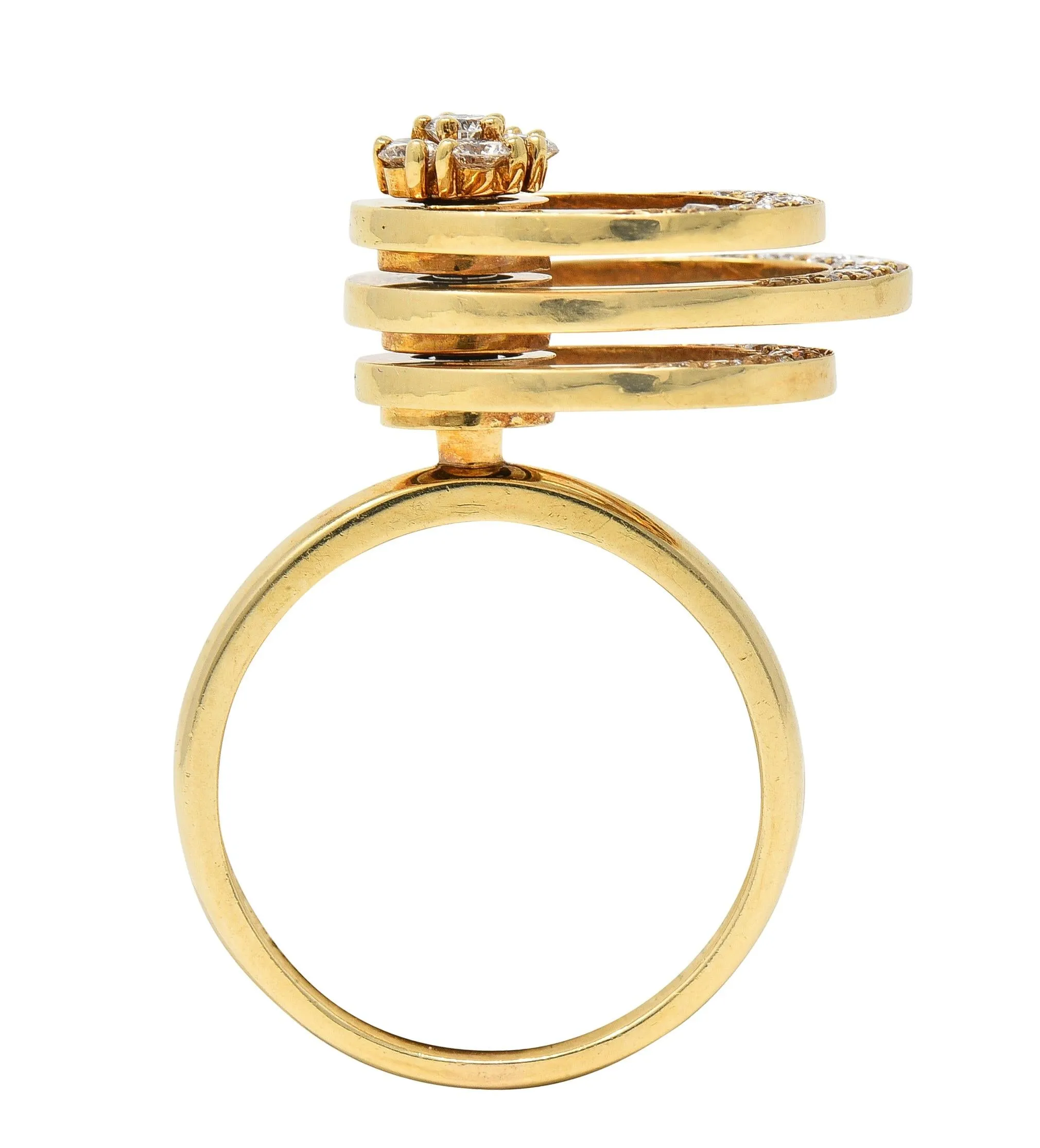 Norman Teufel 1975 Diamond 14 Karat Yellow Gold Vintage Kinetic Fidget Spinning Ring