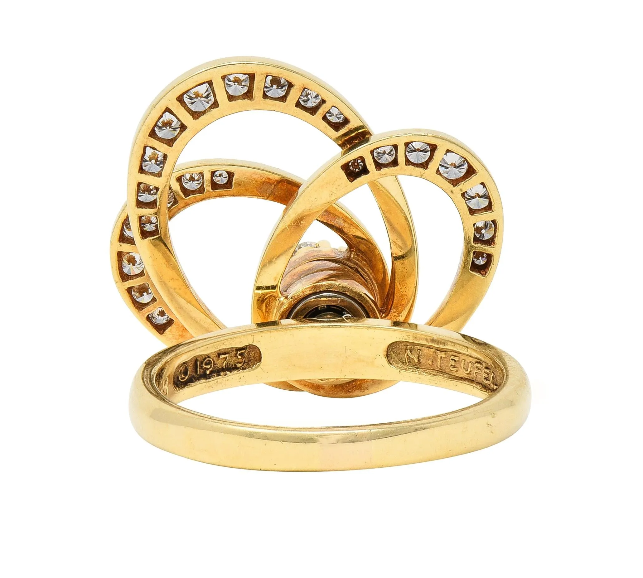 Norman Teufel 1975 Diamond 14 Karat Yellow Gold Vintage Kinetic Fidget Spinning Ring