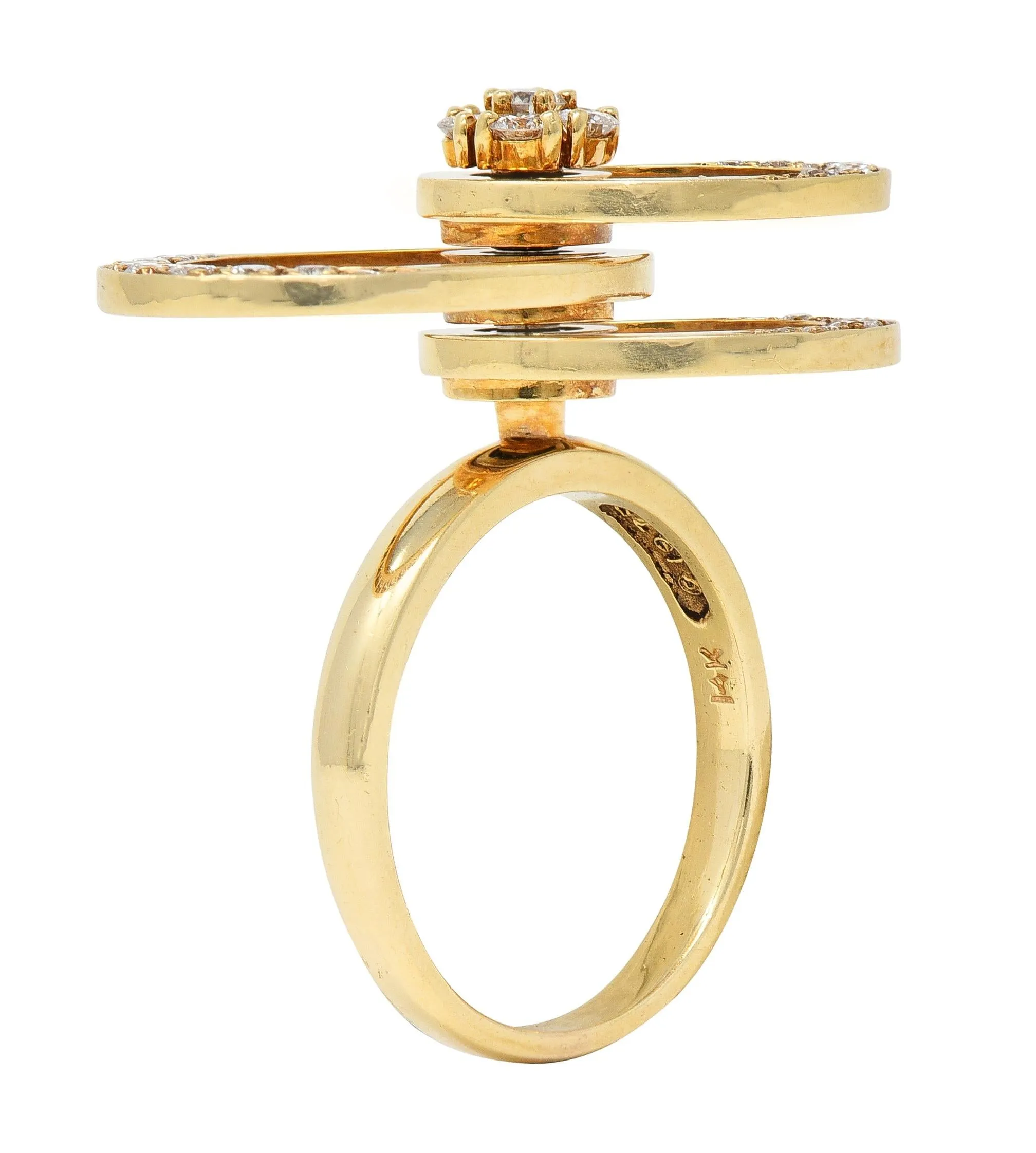 Norman Teufel 1975 Diamond 14 Karat Yellow Gold Vintage Kinetic Fidget Spinning Ring