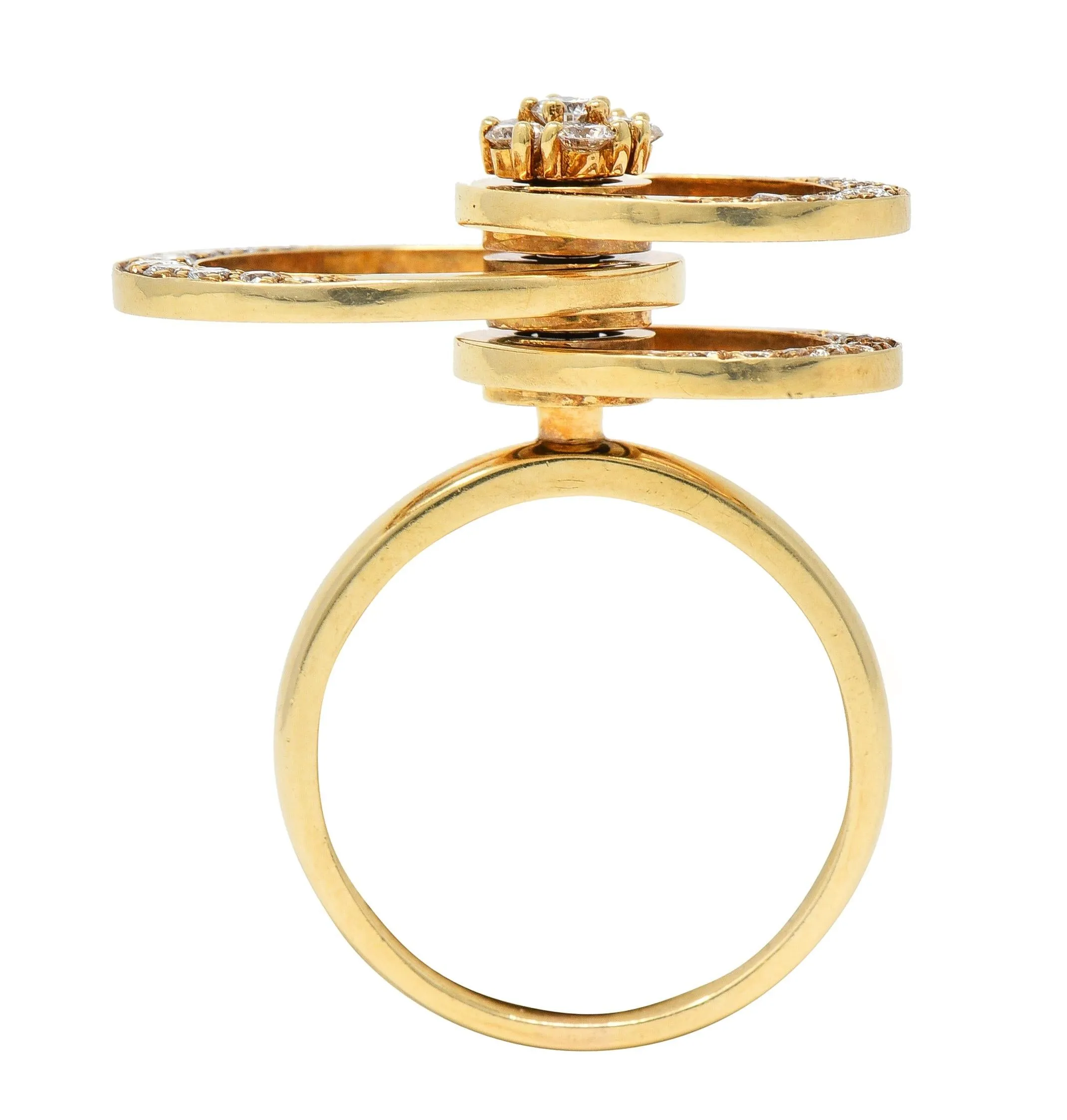 Norman Teufel 1975 Diamond 14 Karat Yellow Gold Vintage Kinetic Fidget Spinning Ring
