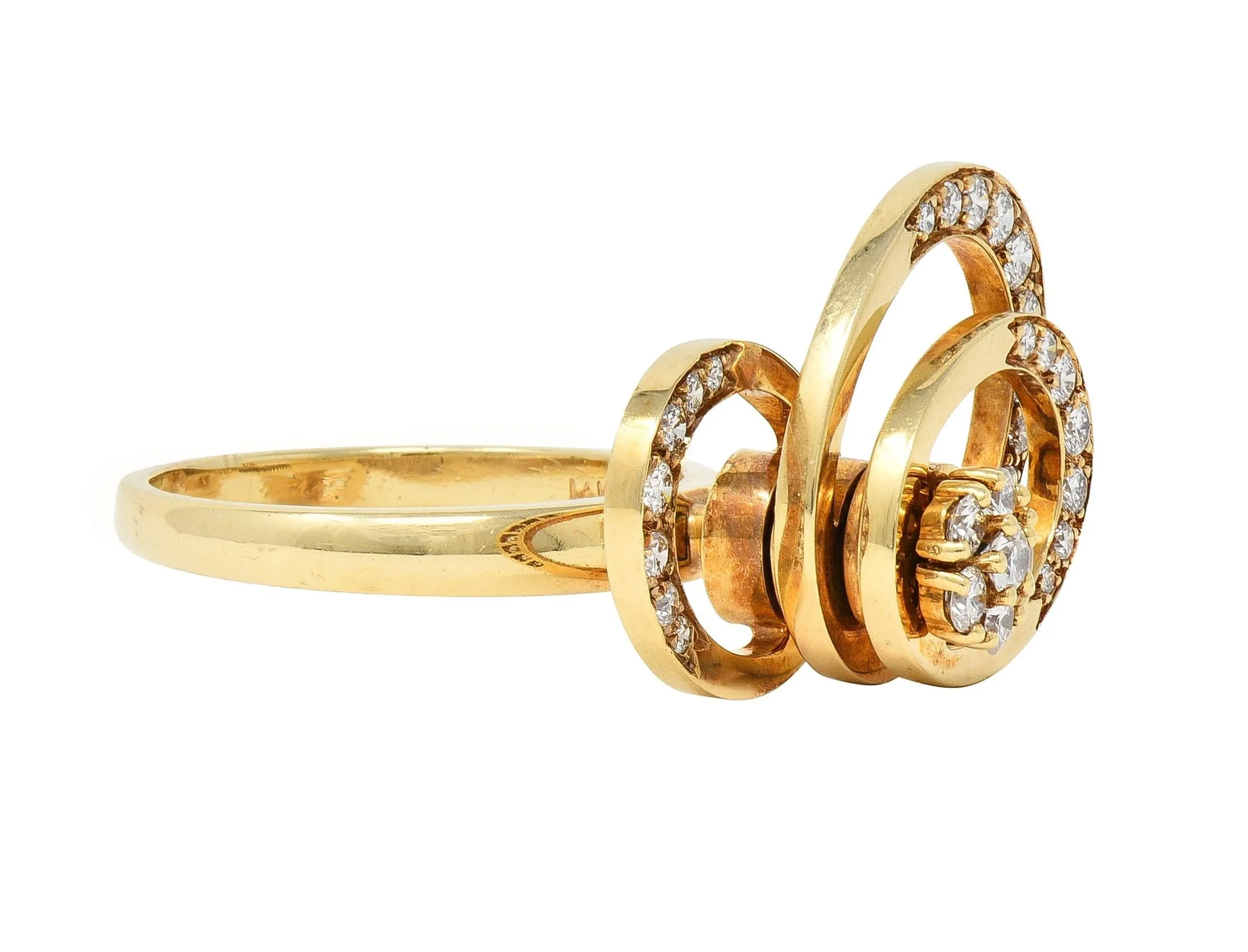 Norman Teufel 1975 Diamond 14 Karat Yellow Gold Vintage Kinetic Fidget Spinning Ring