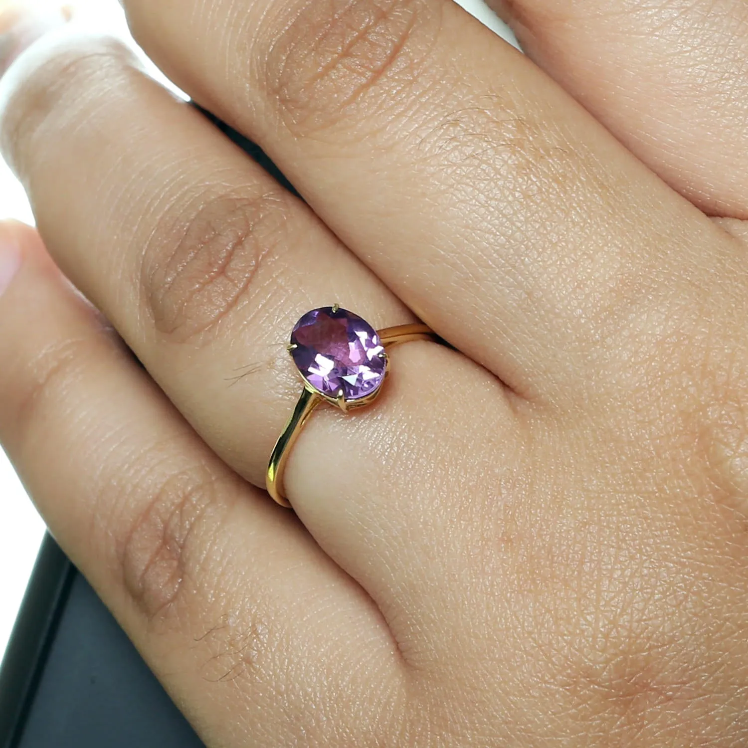Oval Cut Amethyst Gemstone Ring In 18K Yellow Gold For Her