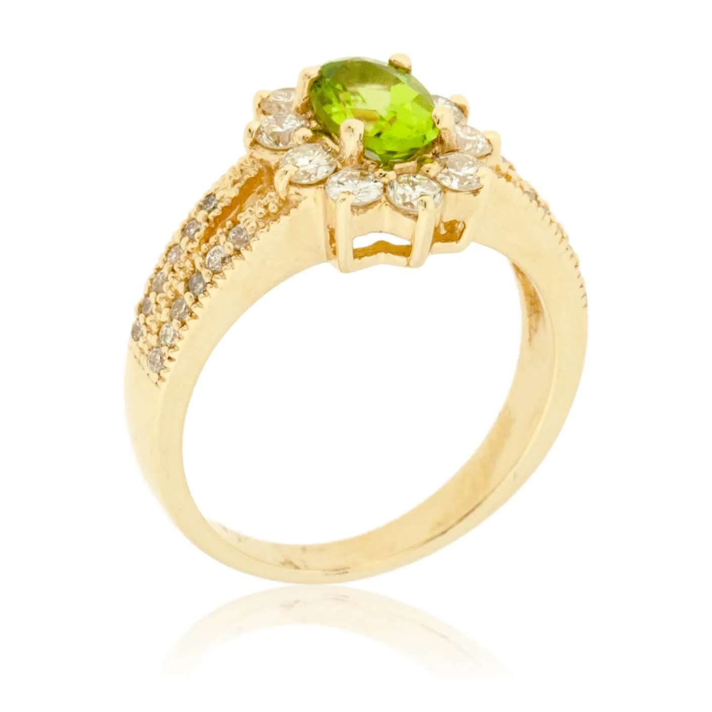 Oval Peridot & Classic Diamond Halo Split Shank Ring