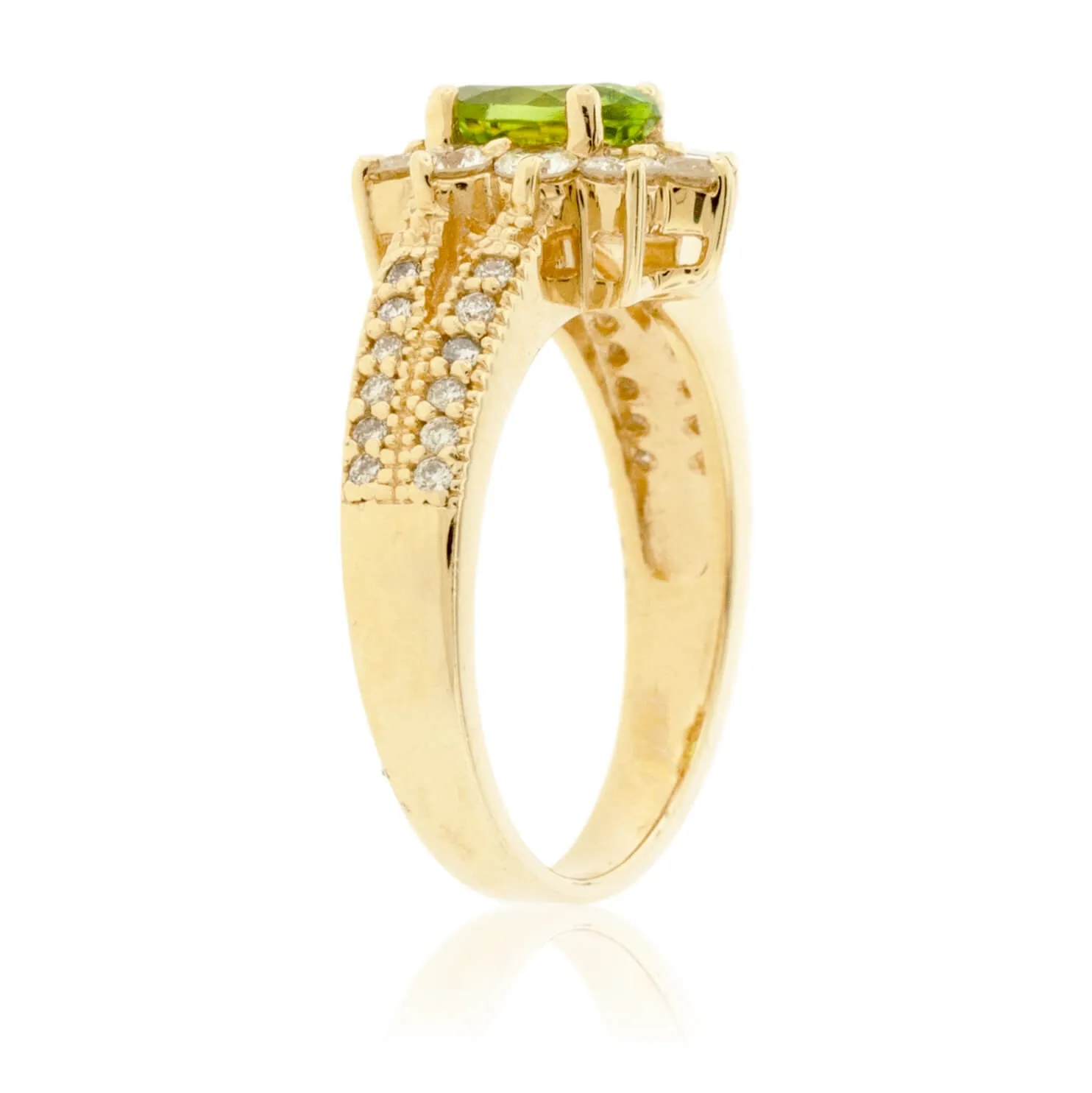 Oval Peridot & Classic Diamond Halo Split Shank Ring