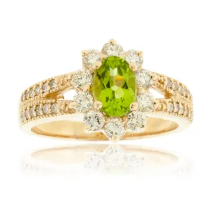 Oval Peridot & Classic Diamond Halo Split Shank Ring