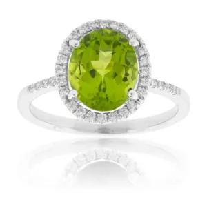 Oval Peridot with Diamond Halo on Diamond Accented Band