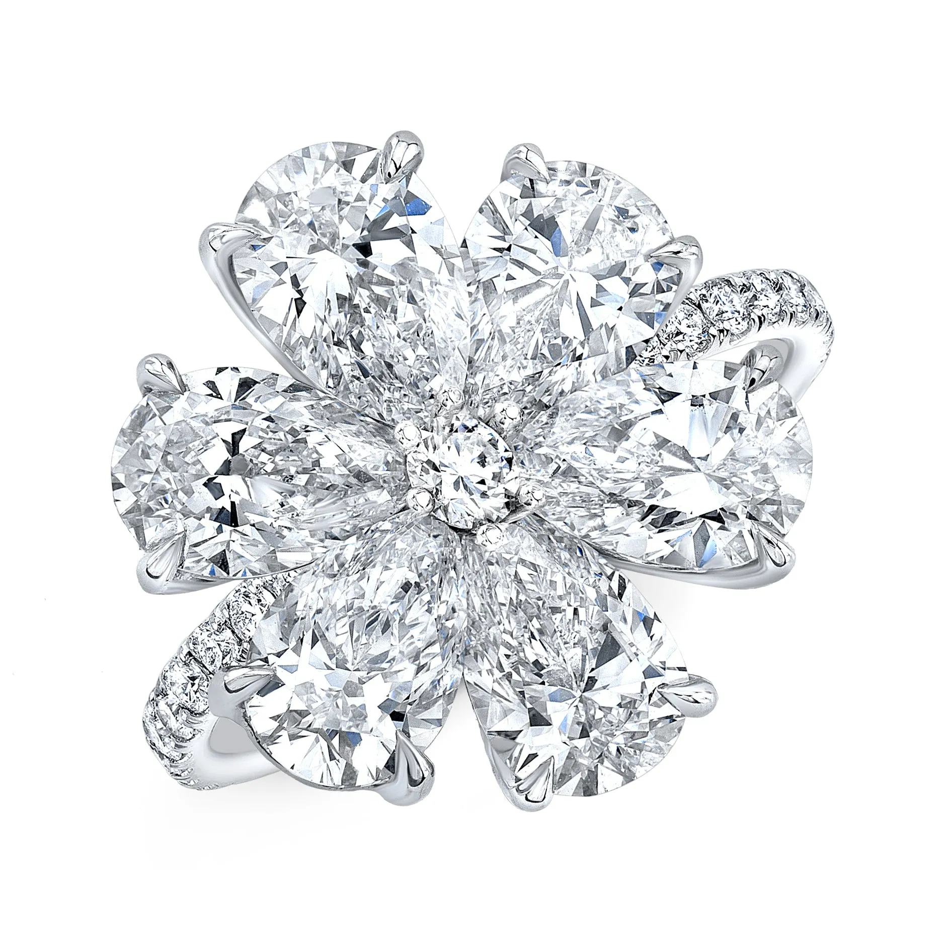Pear Cut 4.23 ct 18K White Gold Six Petal Diamond Flower Ring