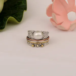Pearl Multi Band Engraved Meditation Spinner Ring