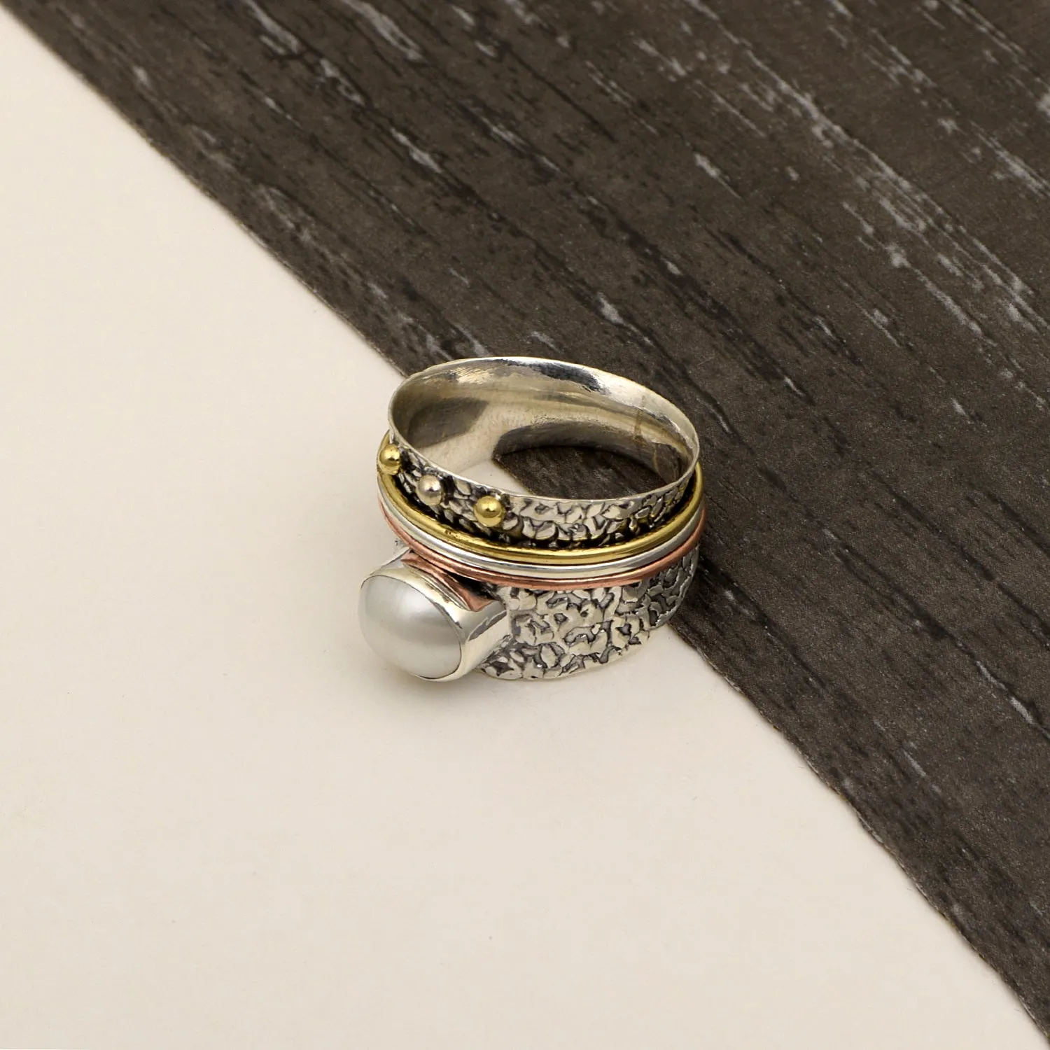 Pearl Multi Band Engraved Meditation Spinner Ring