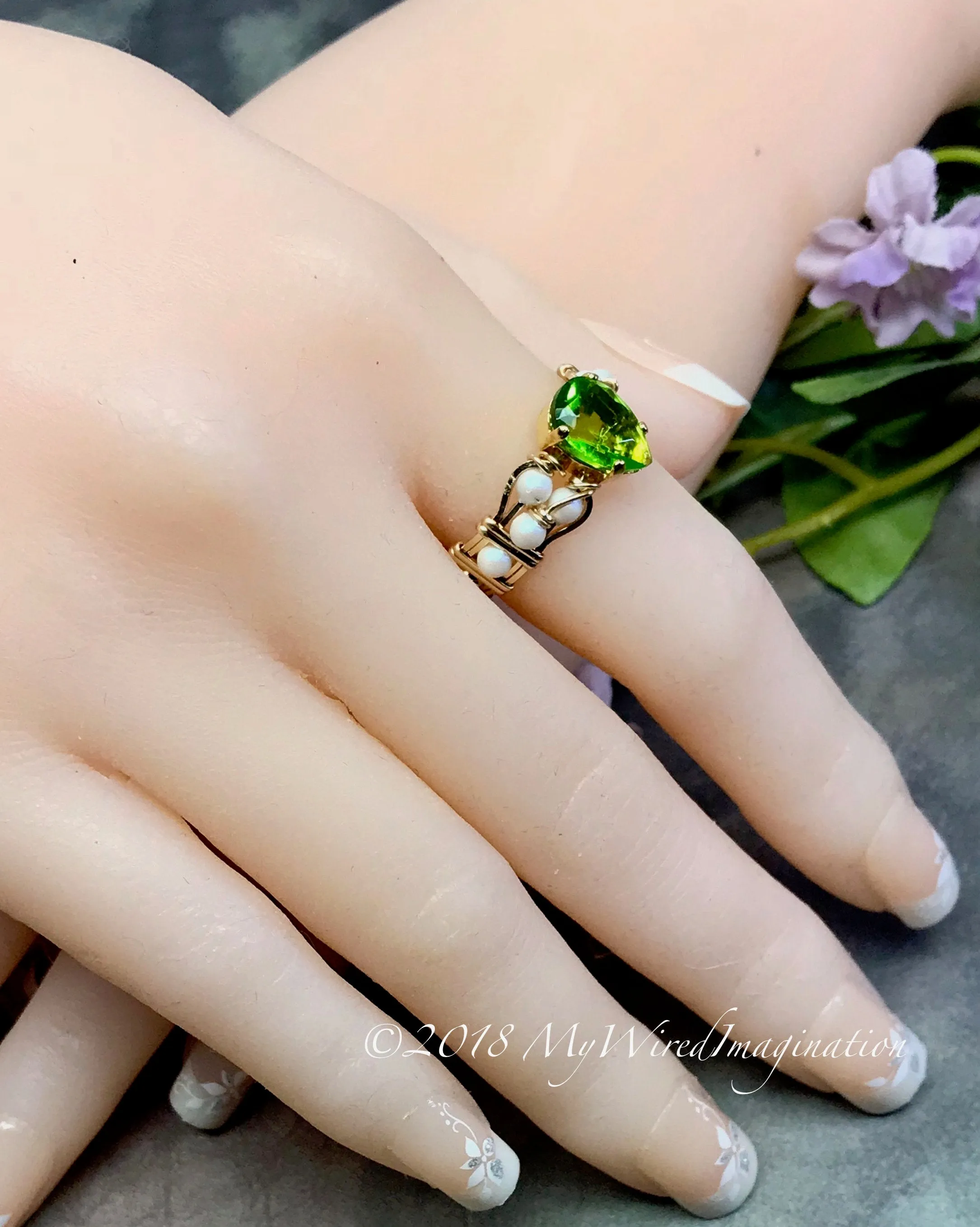 Peridot and Pearl, Handmade Ring in 14k GF or SS August Birthstone, Made to Order