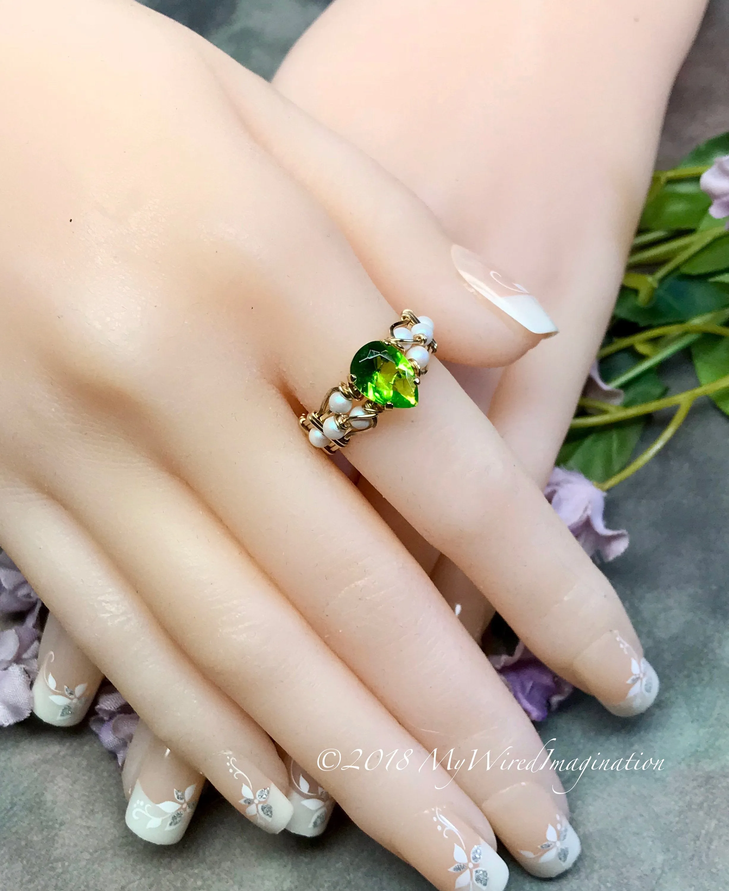 Peridot and Pearl, Handmade Ring in 14k GF or SS August Birthstone, Made to Order