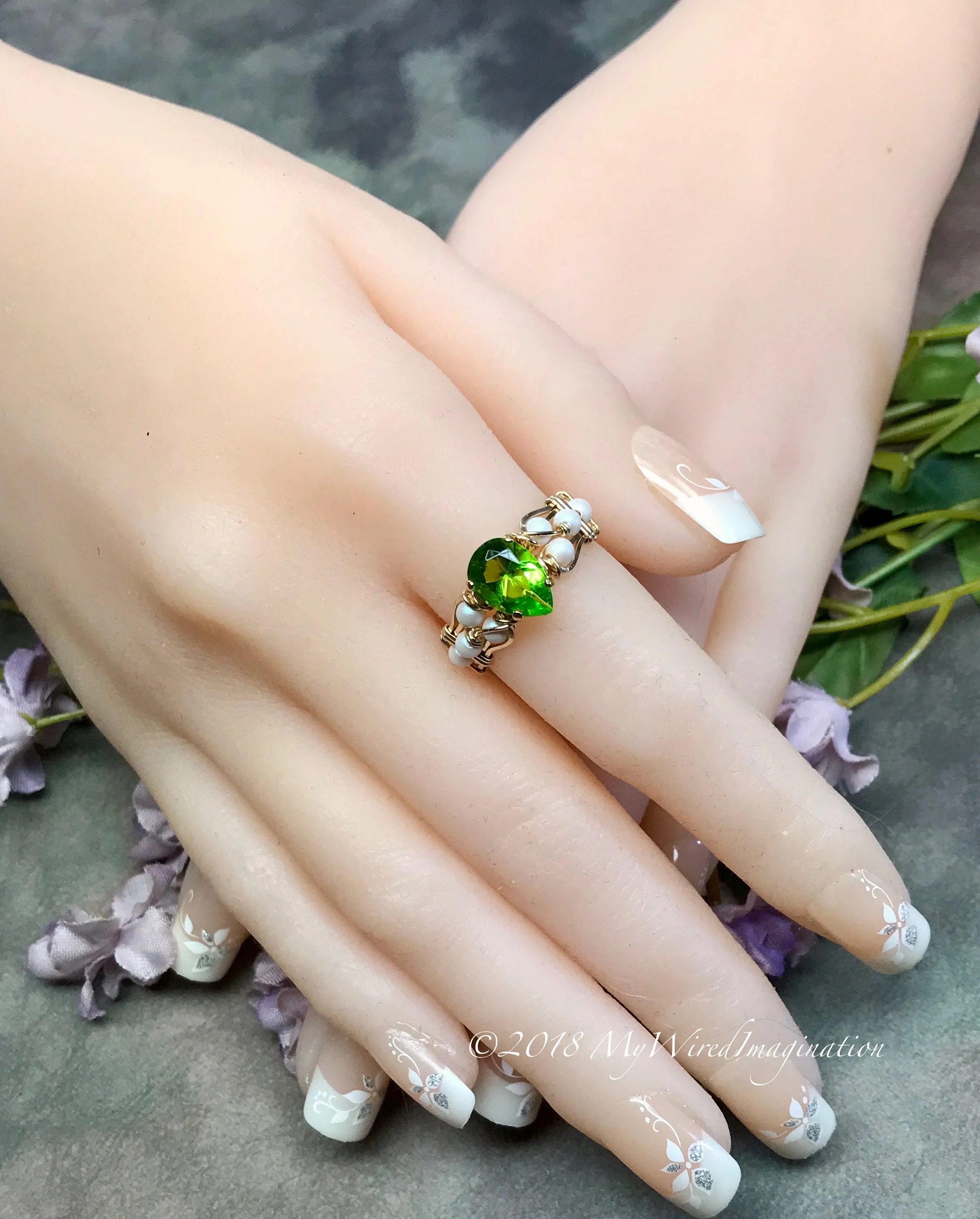 Peridot and Pearl, Handmade Ring in 14k GF or SS August Birthstone, Made to Order