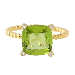 Peridot Bezel Set Diamond Twisted Rope Design August Birthstone Ring In 18k Yellow Gold