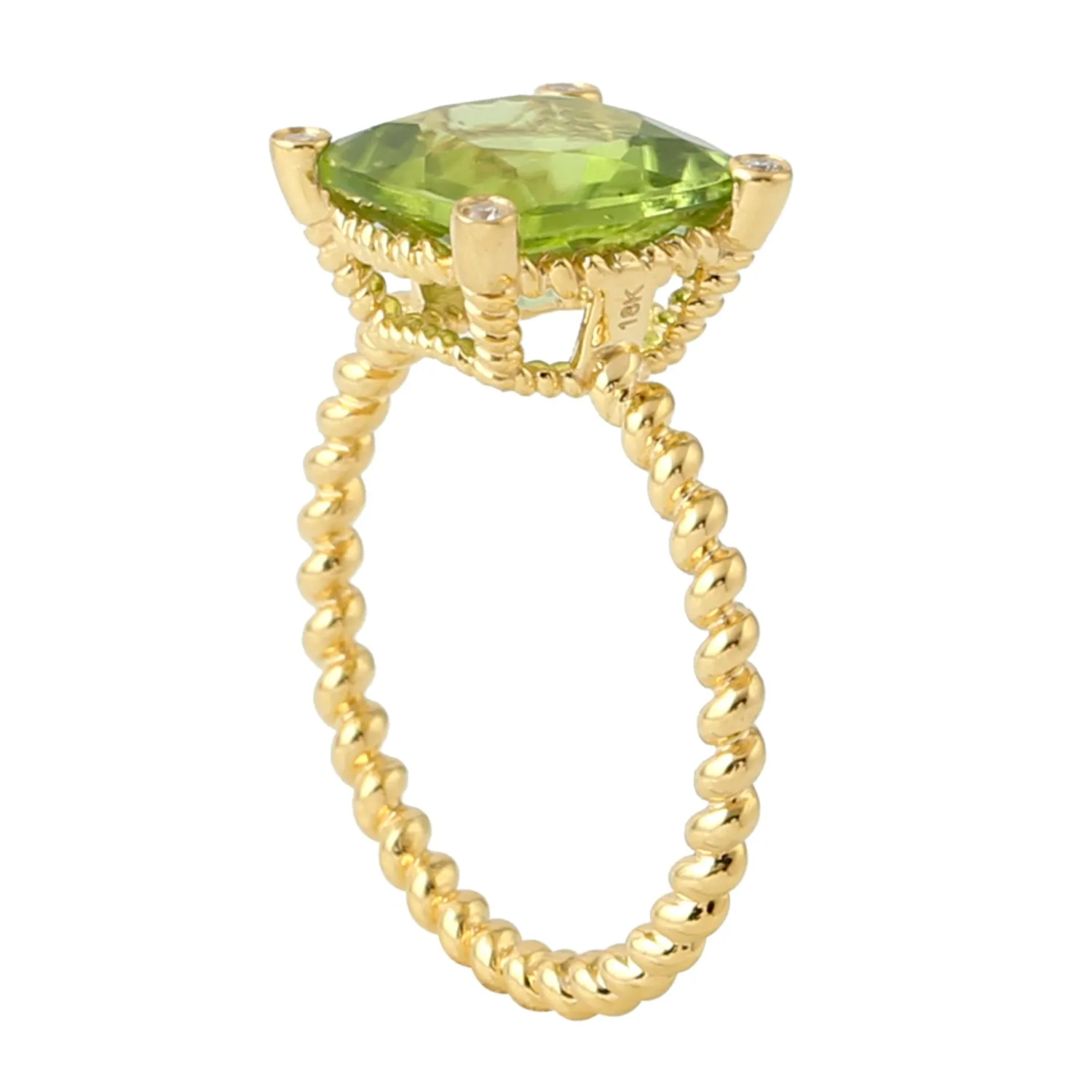 Peridot Bezel Set Diamond Twisted Rope Design August Birthstone Ring In 18k Yellow Gold