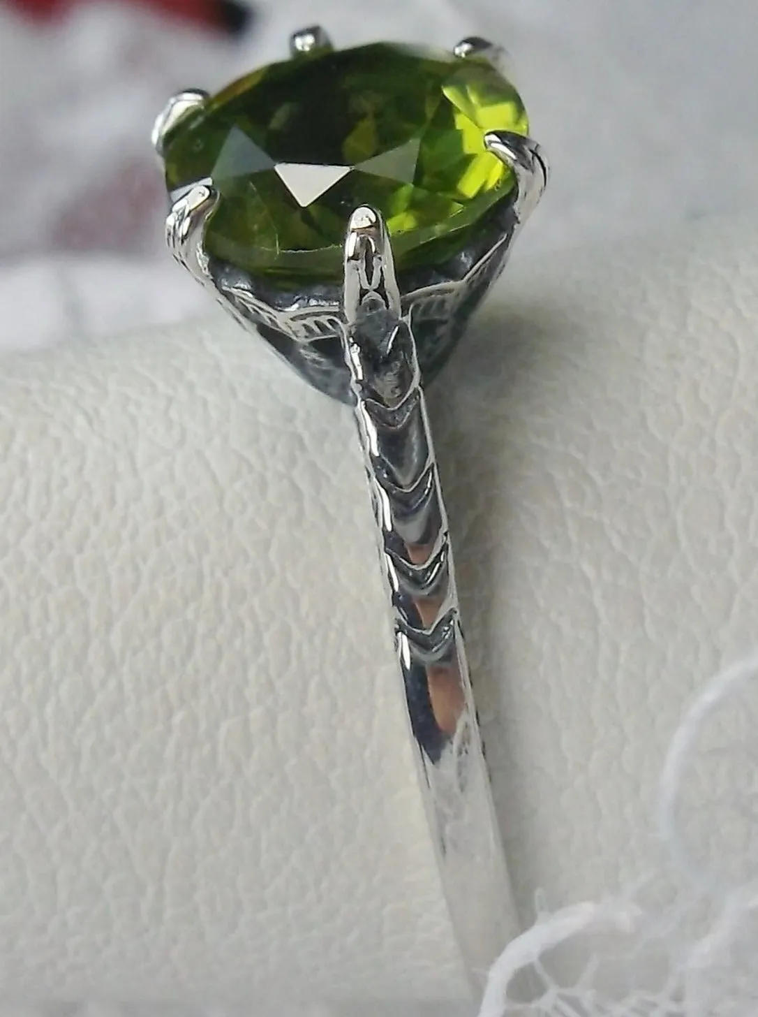 Peridot Ring, Natural Gemstone Solitaire, Classic Victorian Jewelry #D37z