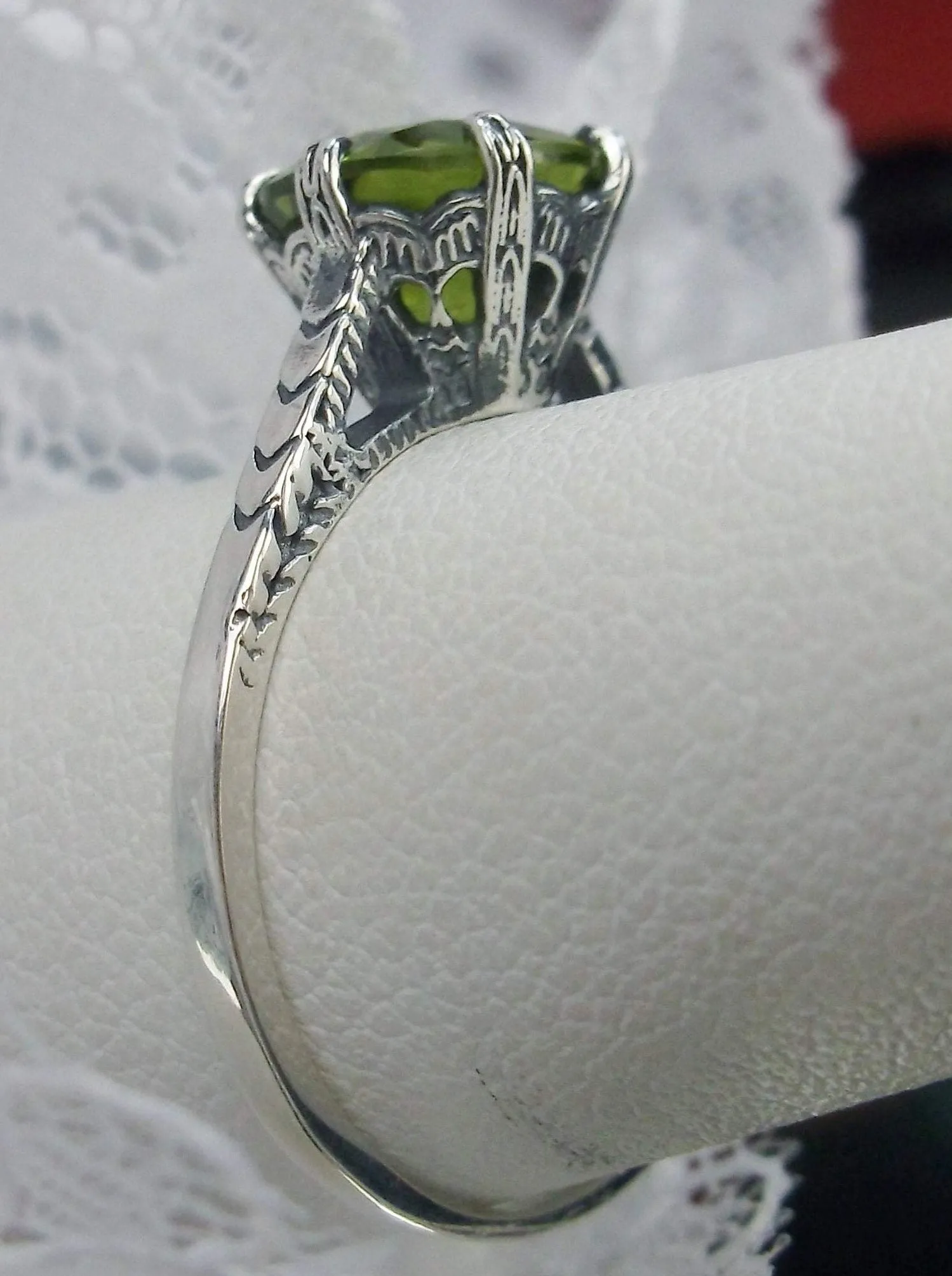 Peridot Ring, Natural Gemstone Solitaire, Classic Victorian Jewelry #D37z