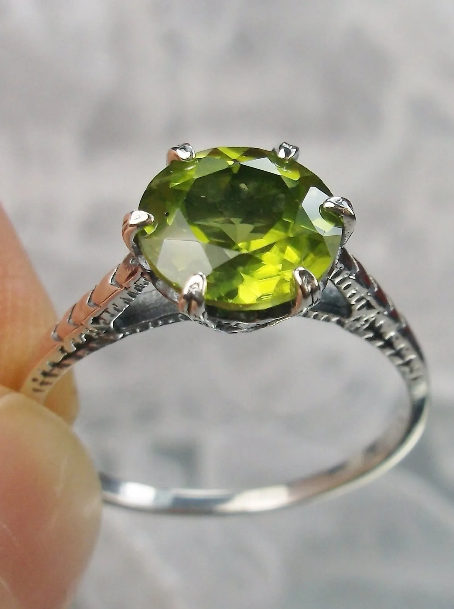 Peridot Ring, Natural Gemstone Solitaire, Classic Victorian Jewelry #D37z