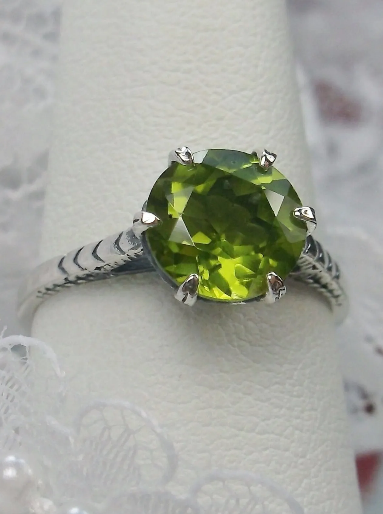 Peridot Ring, Natural Gemstone Solitaire, Classic Victorian Jewelry #D37z