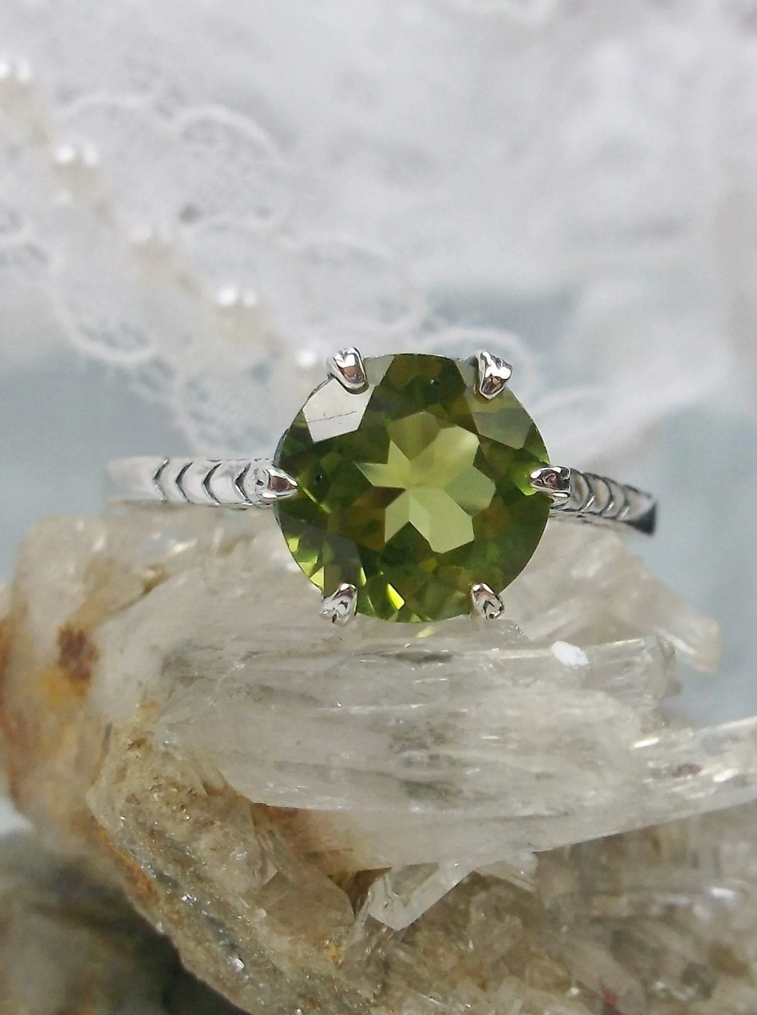 Peridot Ring, Natural Gemstone Solitaire, Classic Victorian Jewelry #D37z