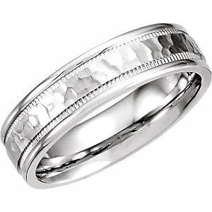 Platinum 6 mm Half Round Band with Milgrain & Hammer Finish Size 9