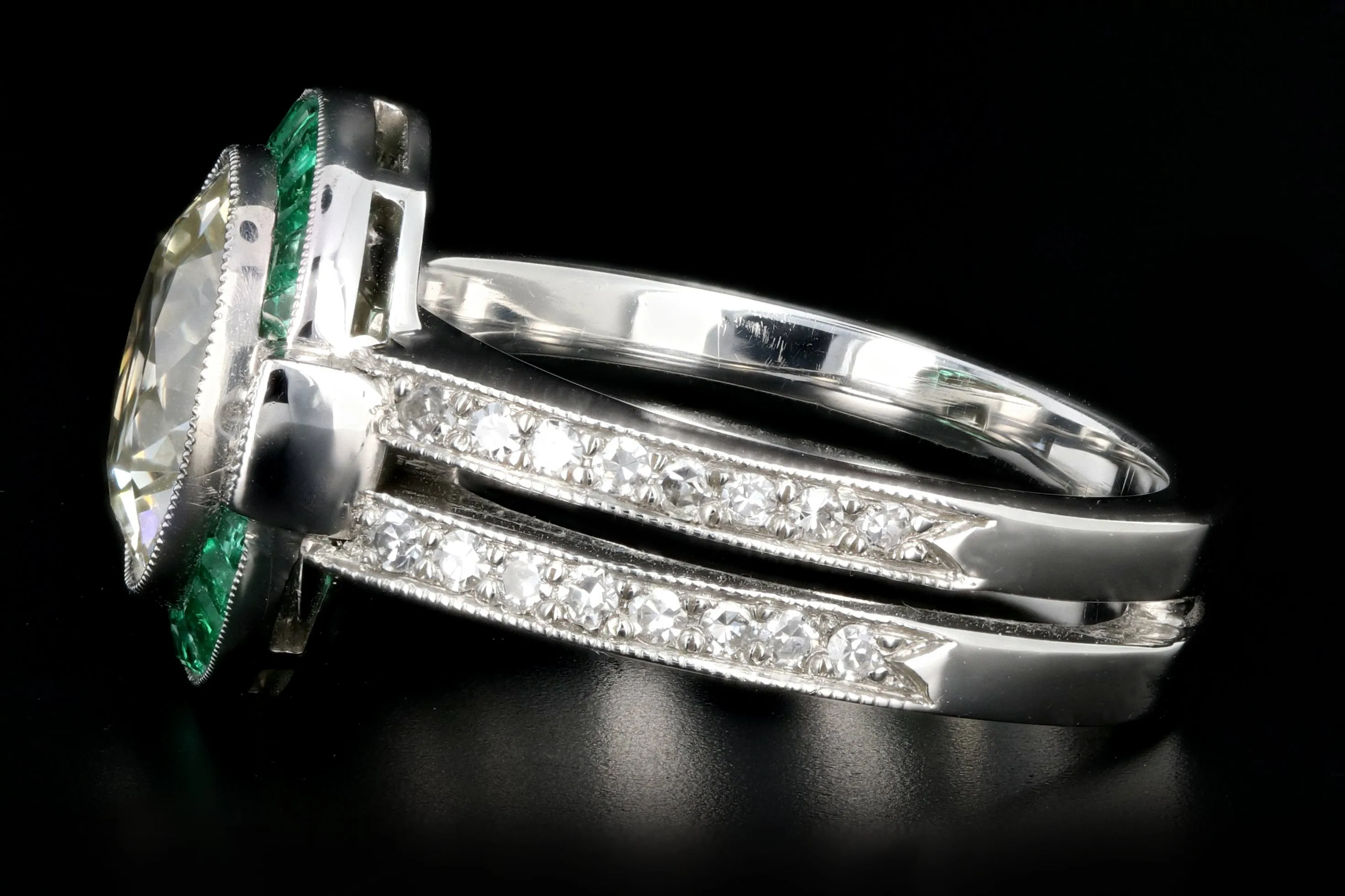 Platinum Art Deco 3 Carat Old European Cut Diamond and Emerald Halo Ring