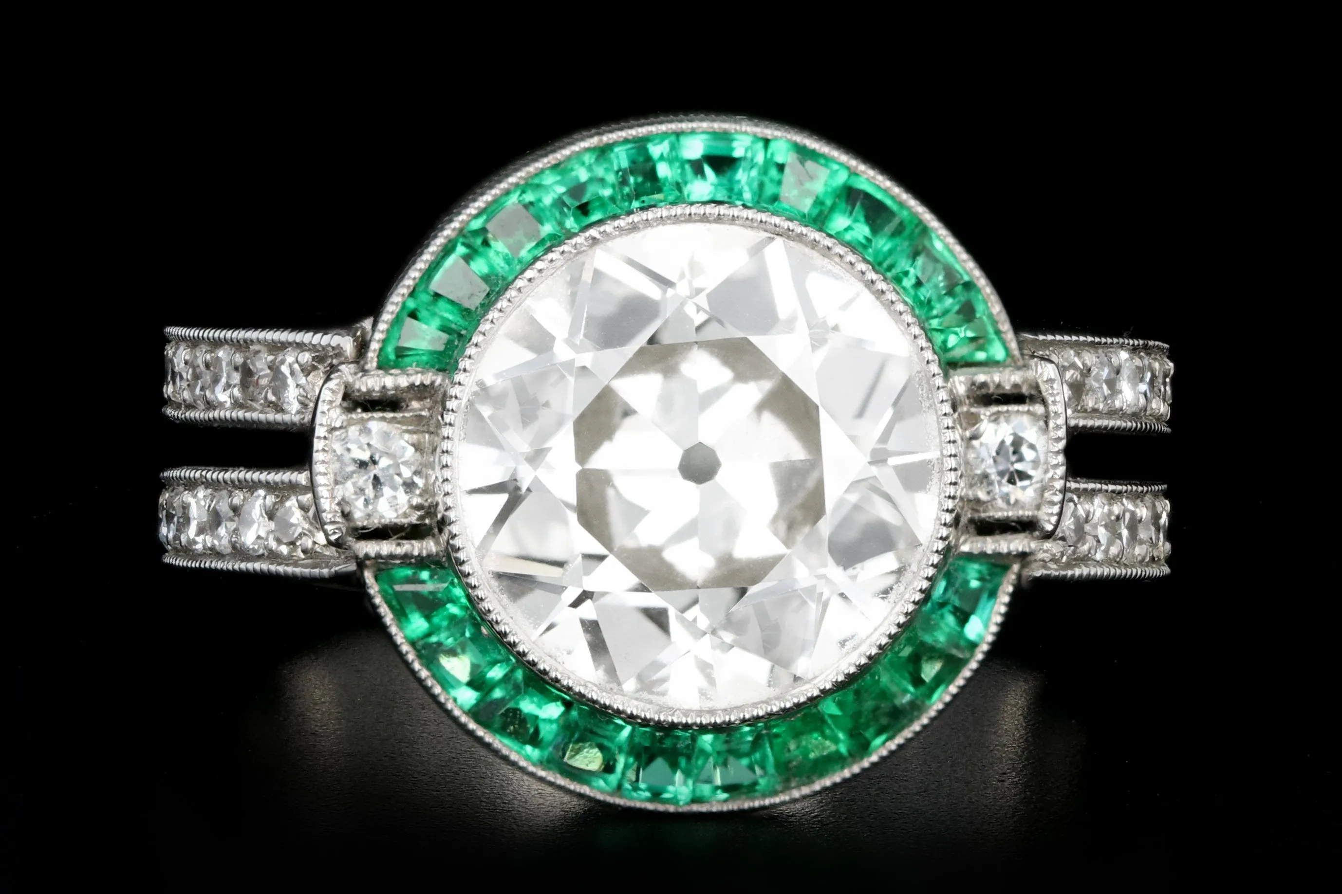 Platinum Art Deco 3 Carat Old European Cut Diamond and Emerald Halo Ring