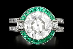 Platinum Art Deco 3 Carat Old European Cut Diamond and Emerald Halo Ring