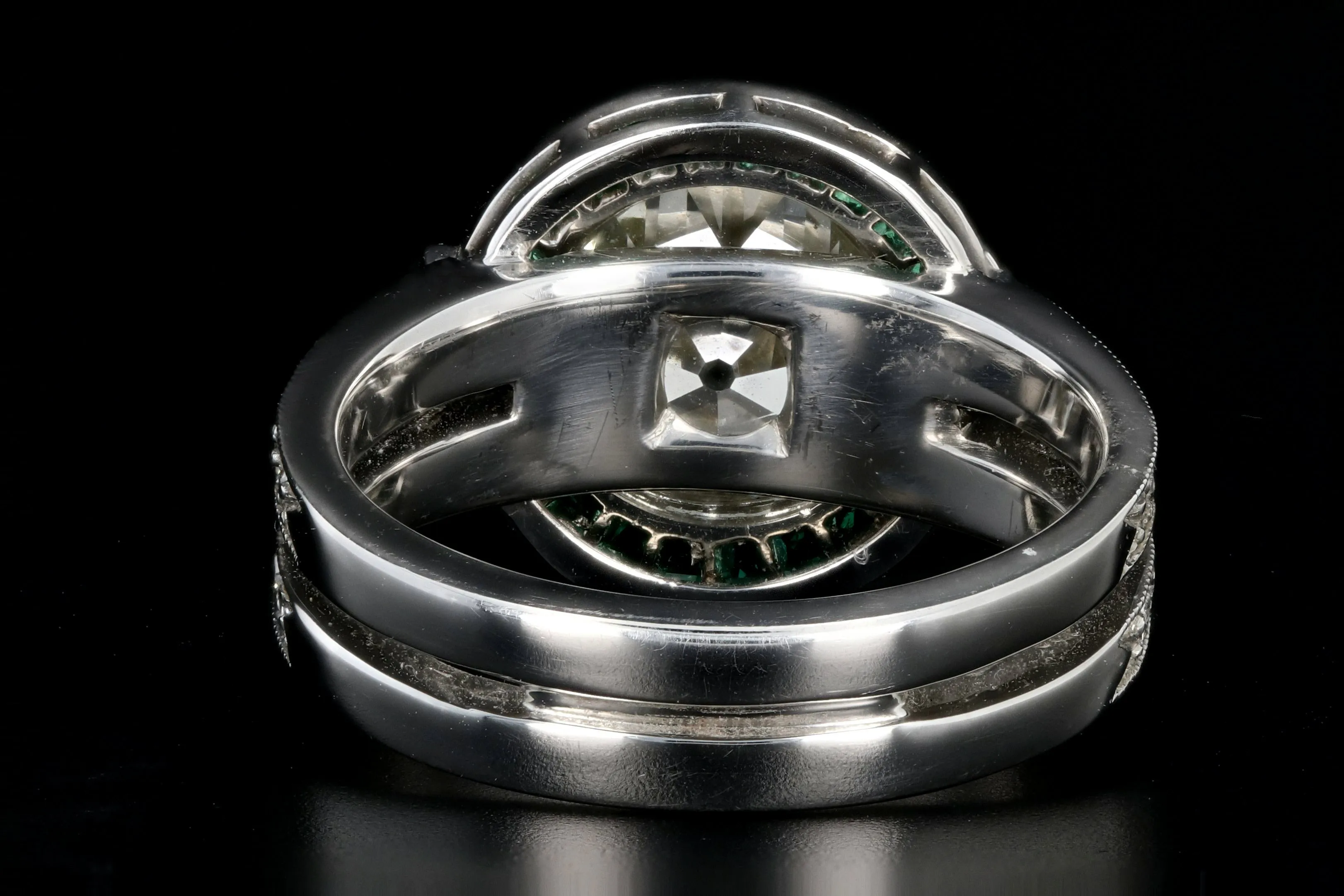 Platinum Art Deco 3 Carat Old European Cut Diamond and Emerald Halo Ring