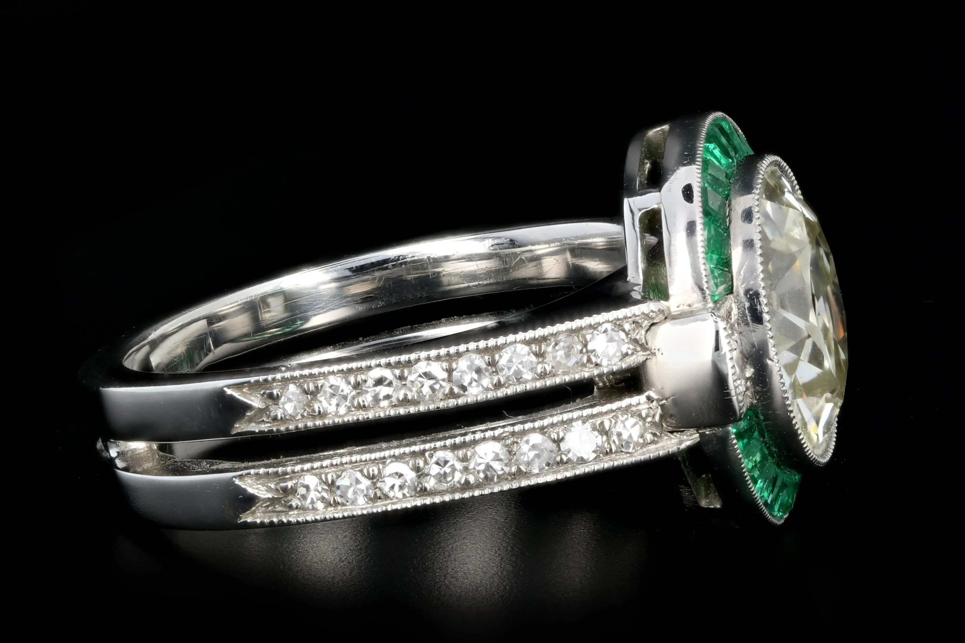 Platinum Art Deco 3 Carat Old European Cut Diamond and Emerald Halo Ring