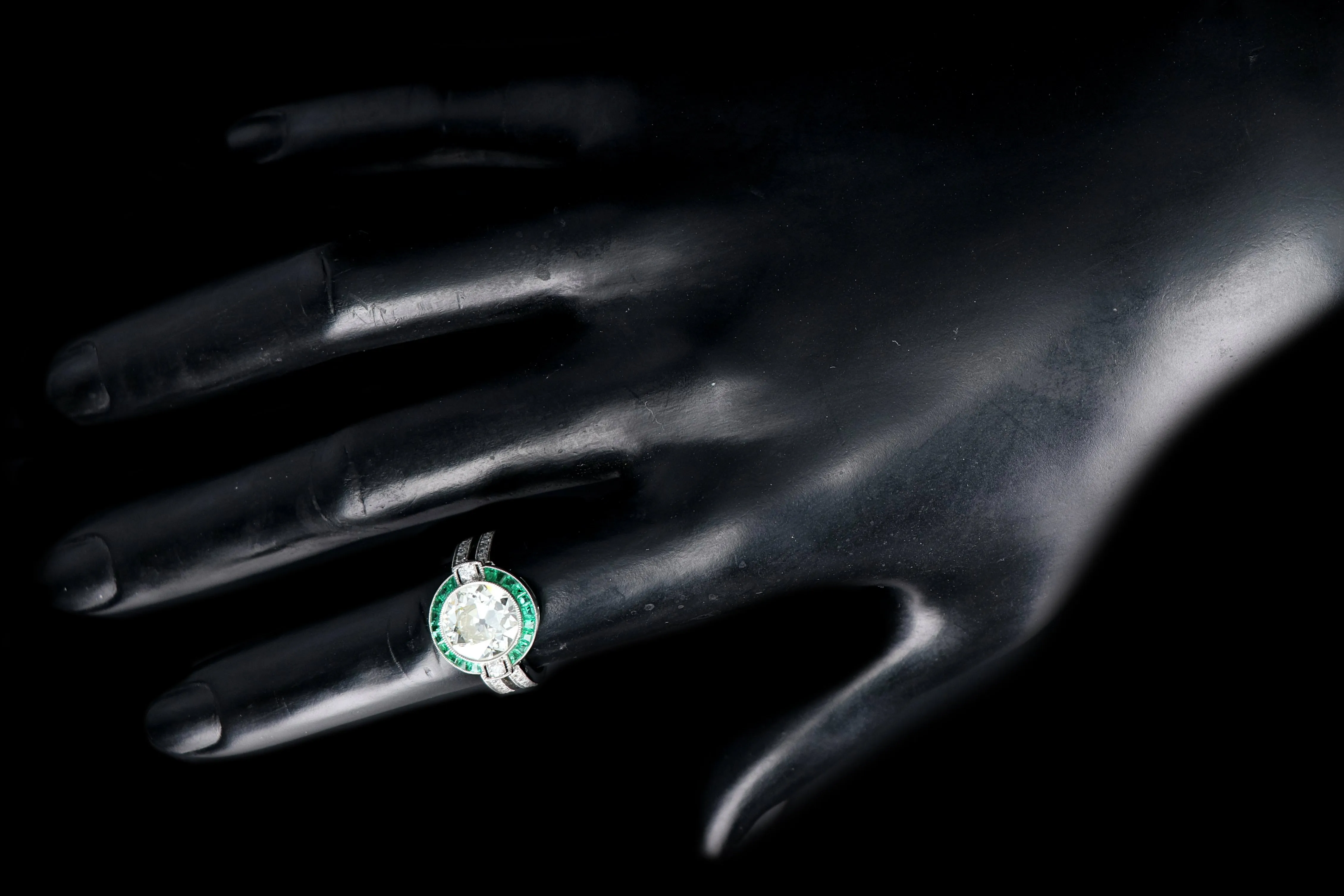Platinum Art Deco 3 Carat Old European Cut Diamond and Emerald Halo Ring