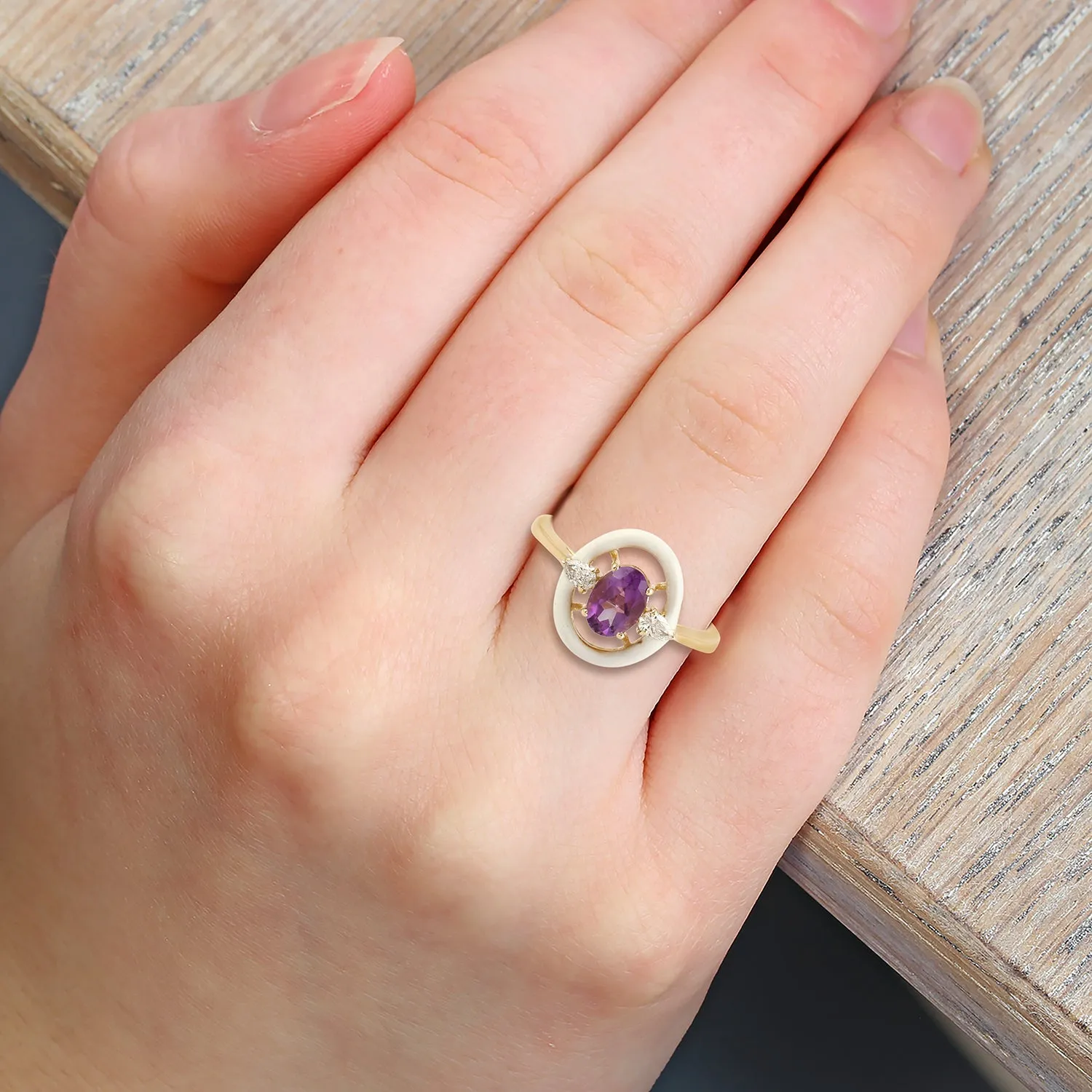 Prong Set Oval Cut Amethyst & Diamond Enamel Ring Fine Jewelry In 14k Yellow Gold