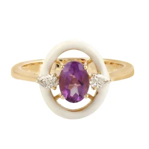 Prong Set Oval Cut Amethyst & Diamond Enamel Ring Fine Jewelry In 14k Yellow Gold