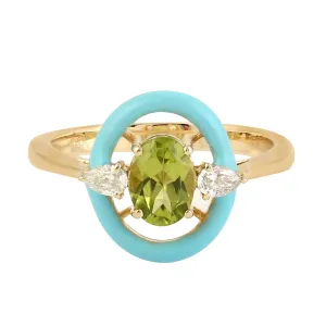 Prong Set Oval Cut Peridot & Diamond Enamel Ring Jewelry In 14k Yellow Gold Fine Jewelry