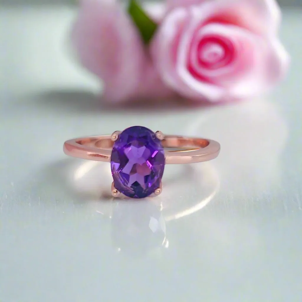 Purple Amethyst Diamond Ring in Rose Gold