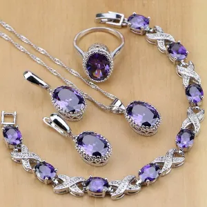 Purple Amethyst Jewelry Set Pendant Necklace Ring Bracelet